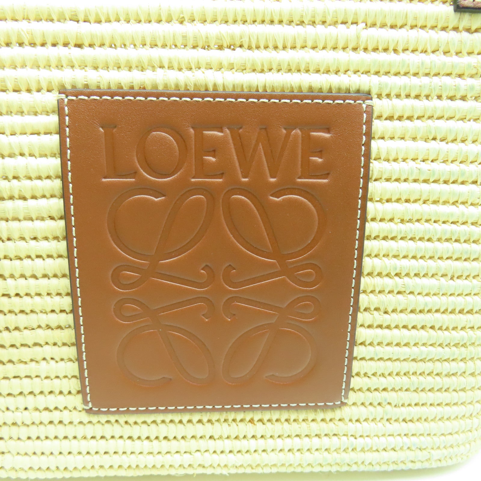 LOEWE 酒椰/皮革Small Square Basket Tote Bag銀扣手挽袋淺黃色/啡色