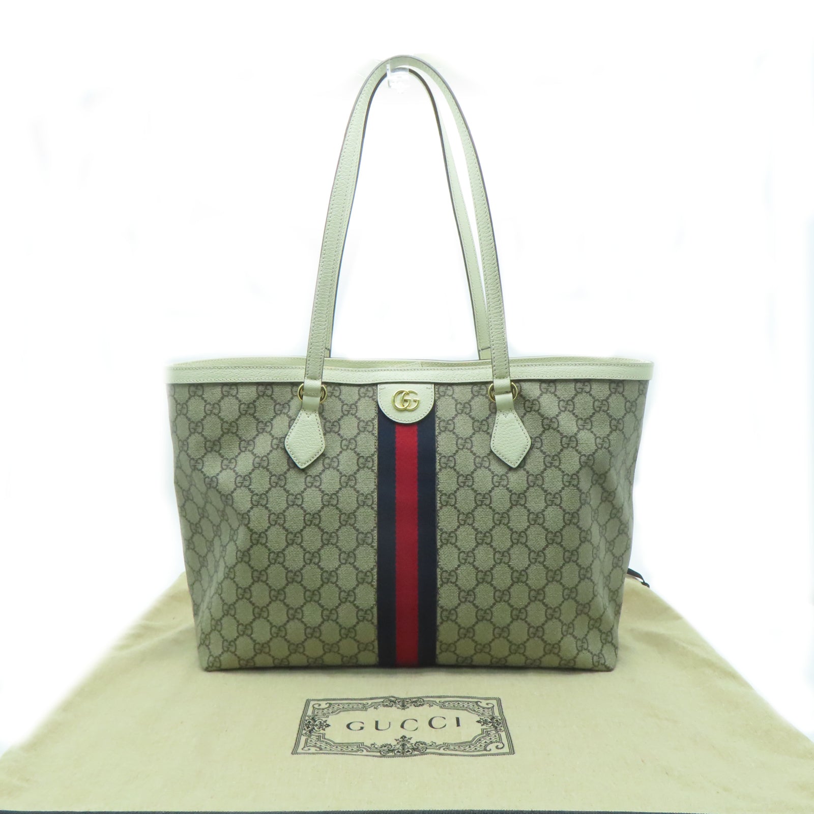 GUCCI 塗層帆布Ophidia Tote Bag金扣肩背袋白色/啡色