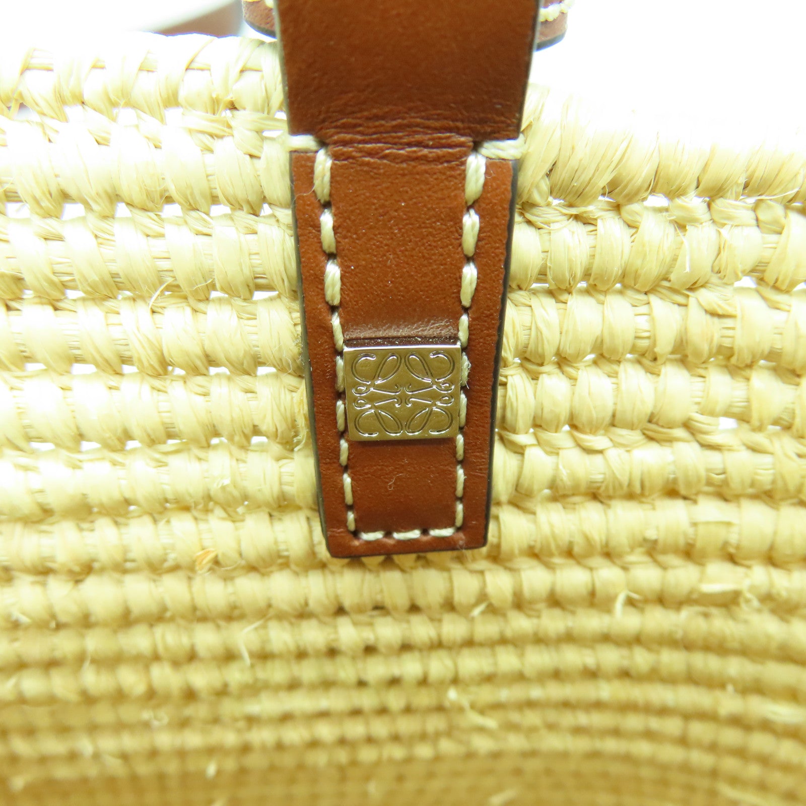 LOEWE 酒椰/皮革Small Square Basket Tote Bag銀扣手挽袋淺黃色/啡色