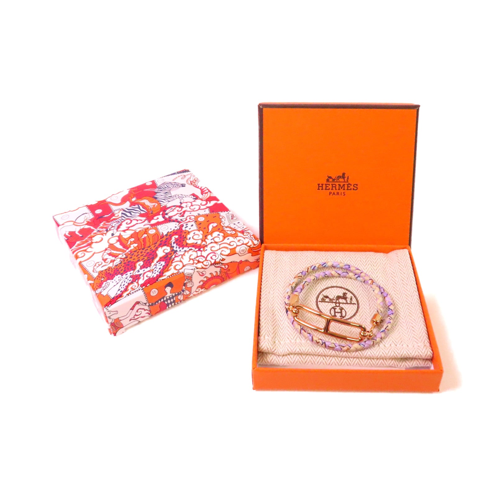 HERMES 印花絲綢/金屬Roulis Double Tour Bracelet金扣手鐲紫色/米色