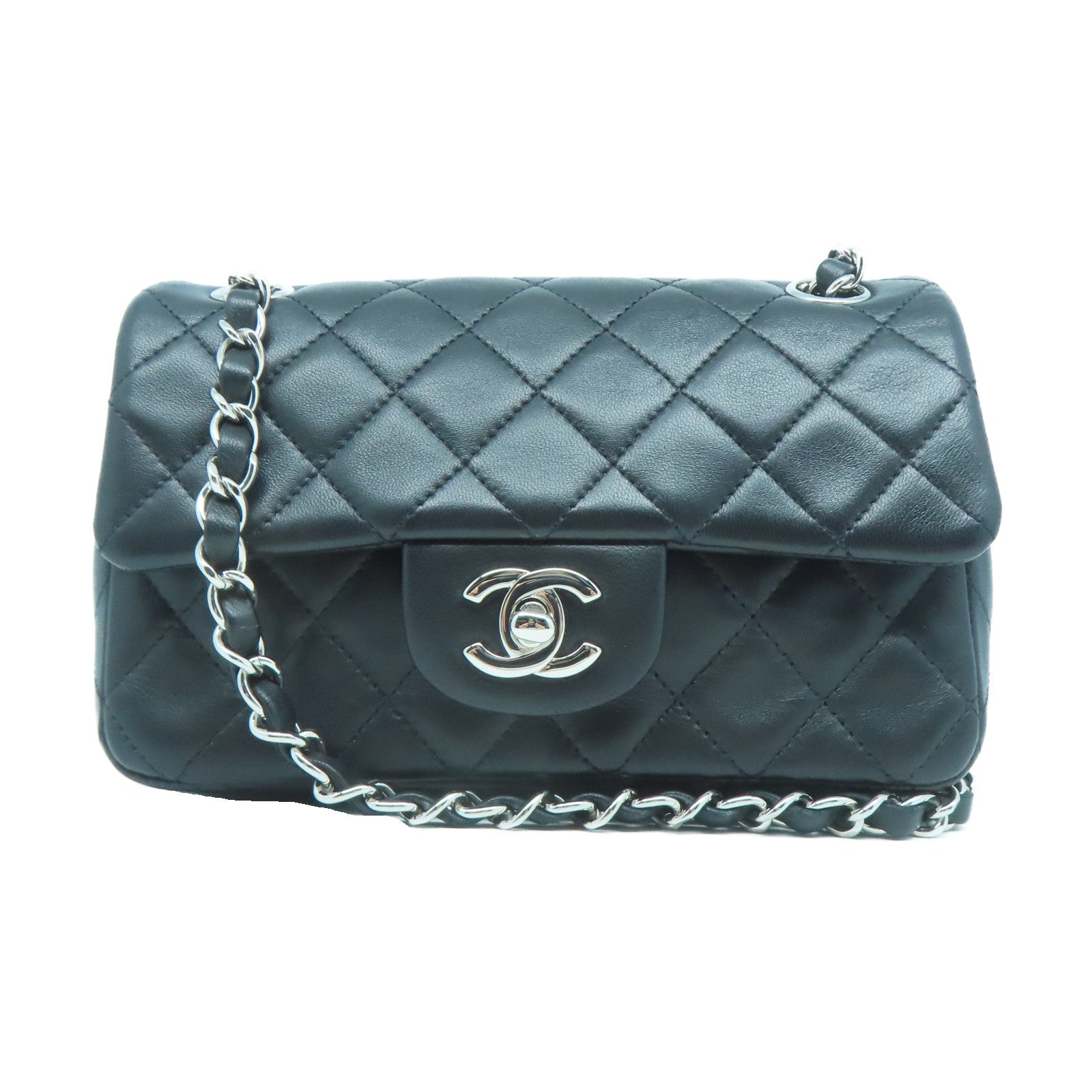 CHANEL 菱格皮革Mini Flap Bag銀扣鏈帶肩背袋黑色
