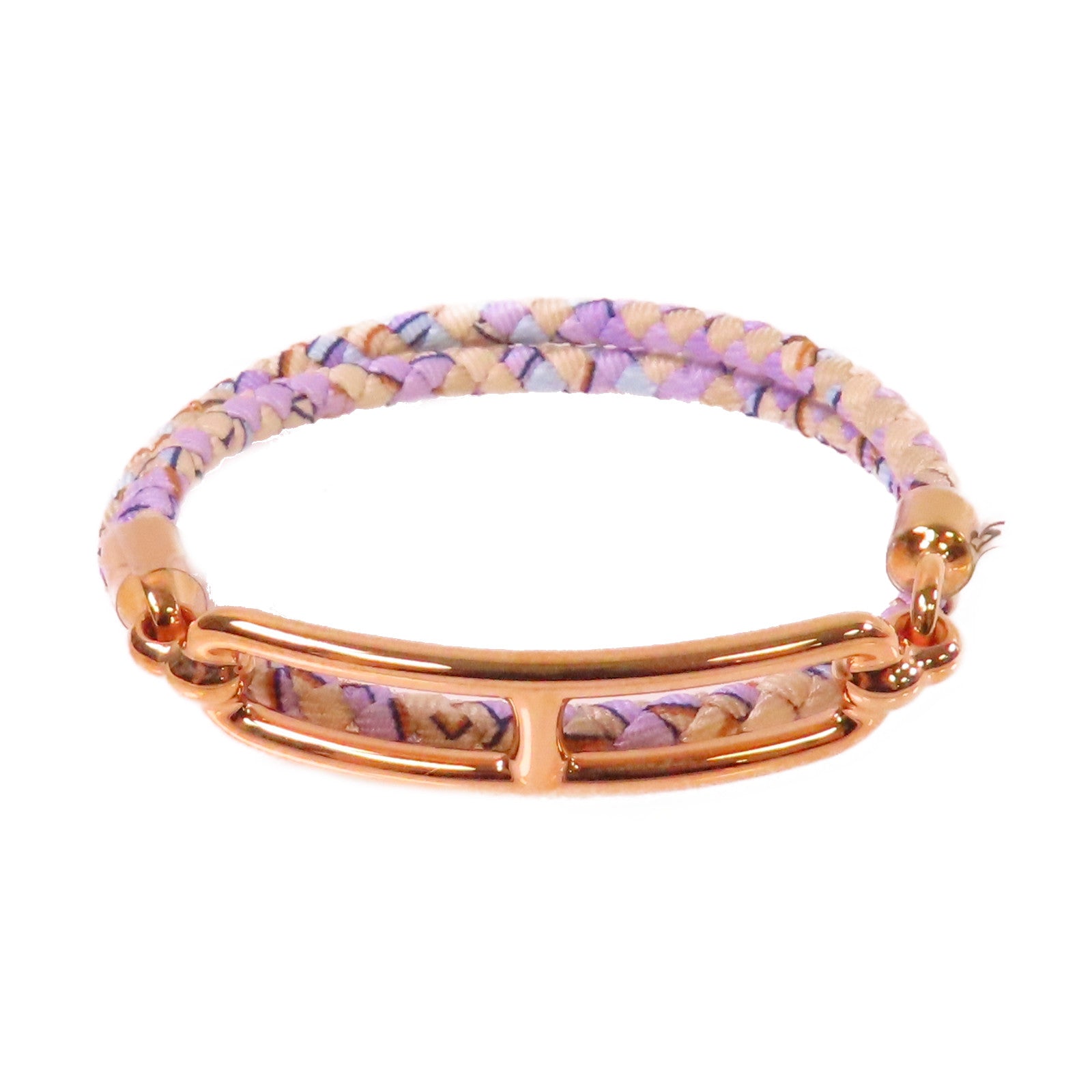 HERMES 印花絲綢/金屬Roulis Double Tour Bracelet金扣手鐲紫色/米色