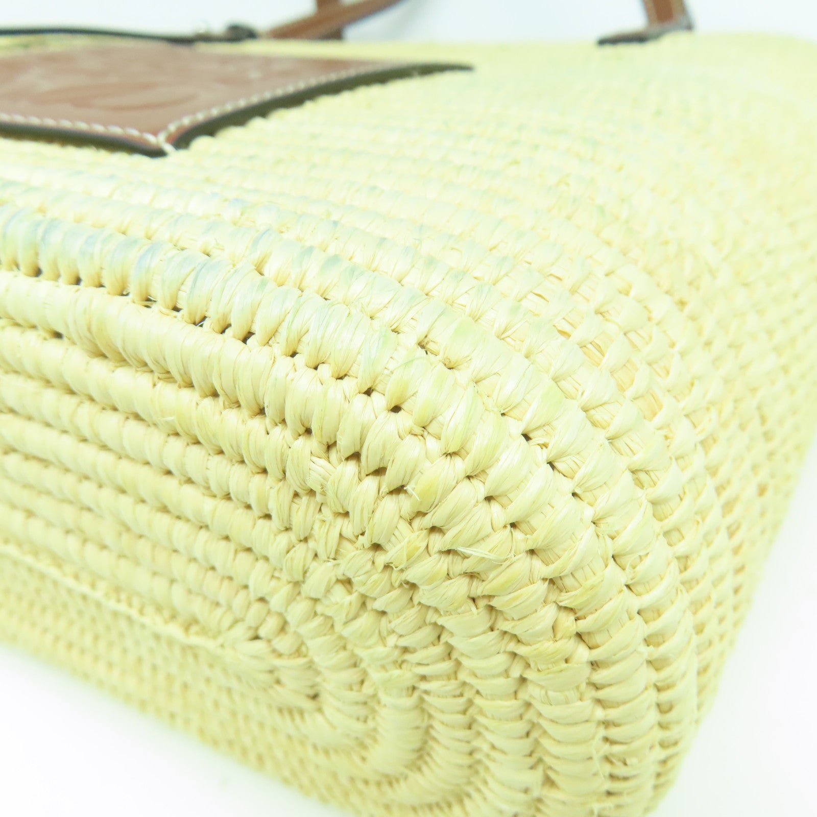 LOEWE 酒椰/皮革Small Square Basket Tote Bag銀扣手挽袋淺黃色/啡色