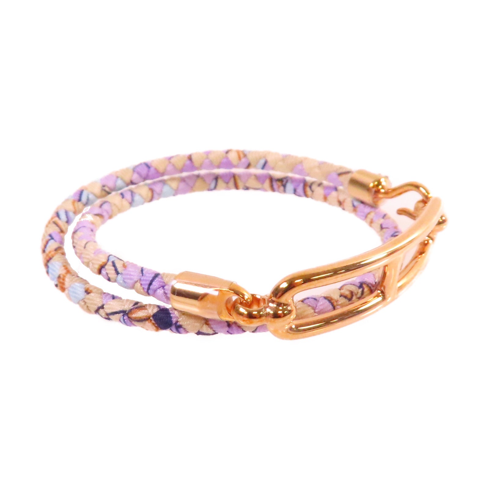 HERMES 印花絲綢/金屬Roulis Double Tour Bracelet金扣手鐲紫色/米色