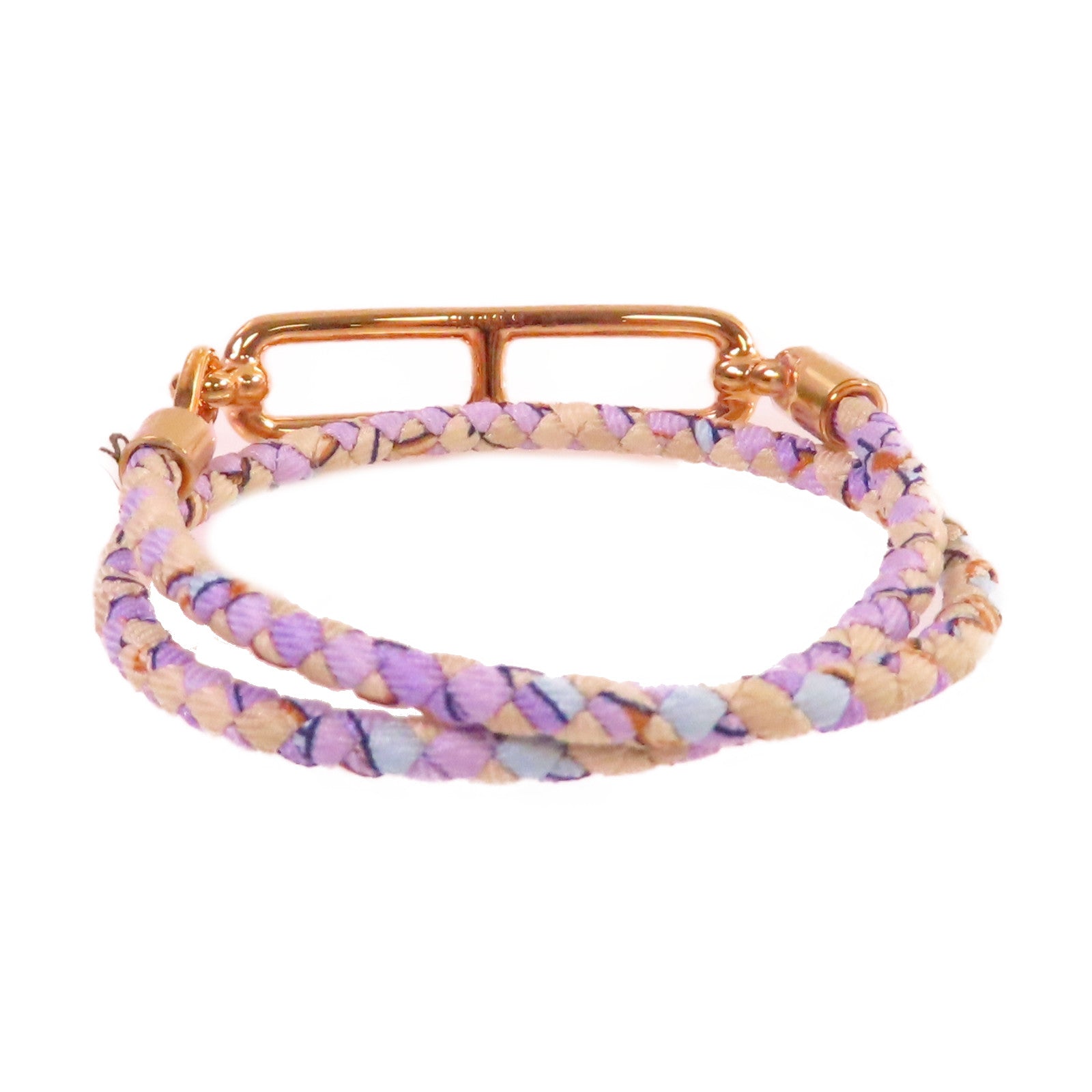 HERMES 印花絲綢/金屬Roulis Double Tour Bracelet金扣手鐲紫色/米色