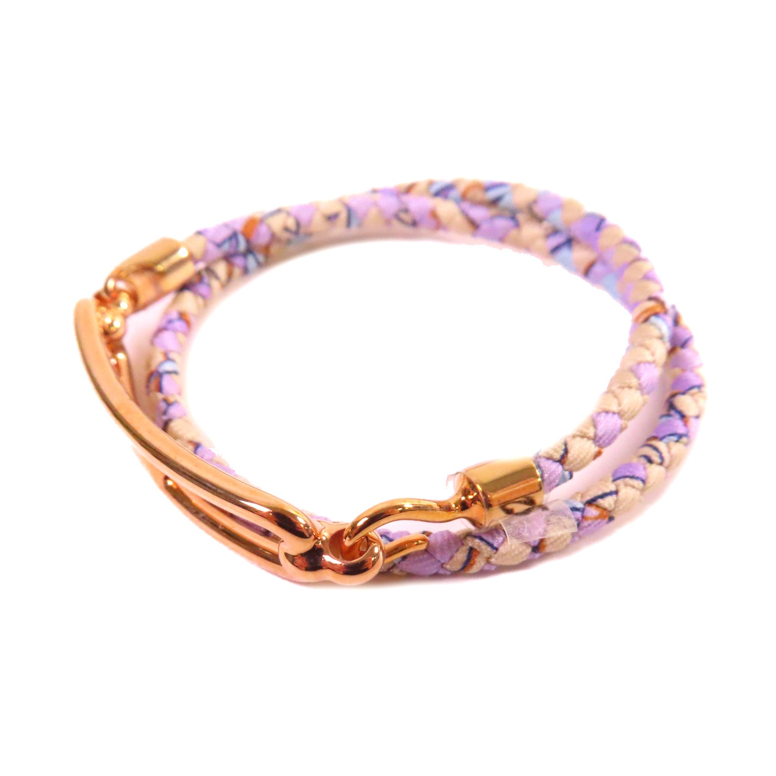 HERMES 印花絲綢/金屬Roulis Double Tour Bracelet金扣手鐲紫色/米色
