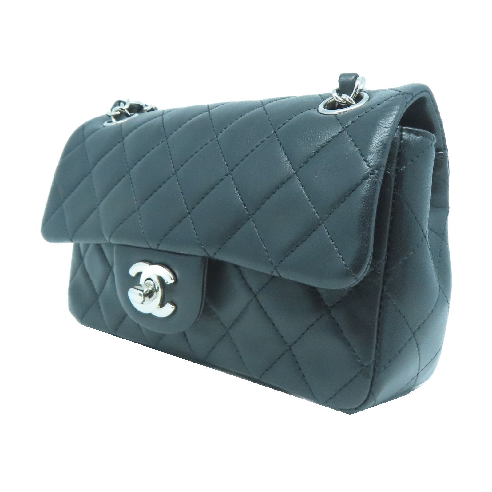 CHANEL 菱格皮革Mini Flap Bag銀扣鏈帶肩背袋黑色