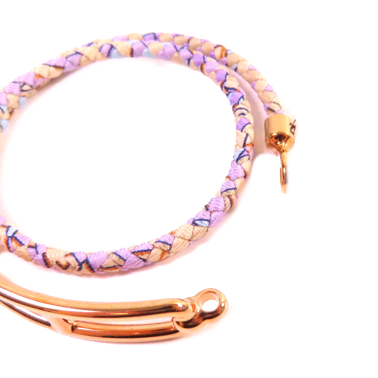 HERMES 印花絲綢/金屬Roulis Double Tour Bracelet金扣手鐲紫色/米色