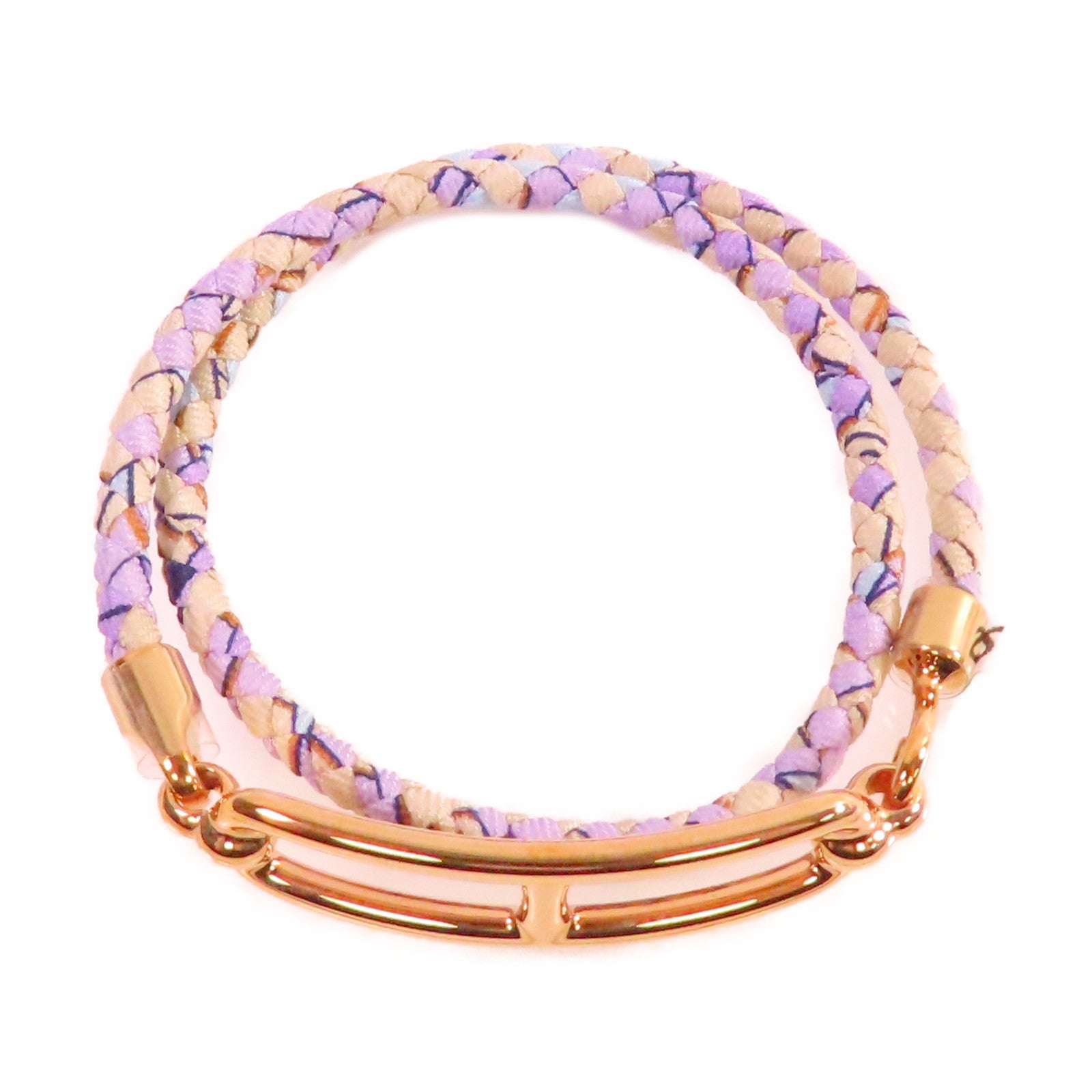 HERMES 印花絲綢/金屬Roulis Double Tour Bracelet金扣手鐲紫色/米色