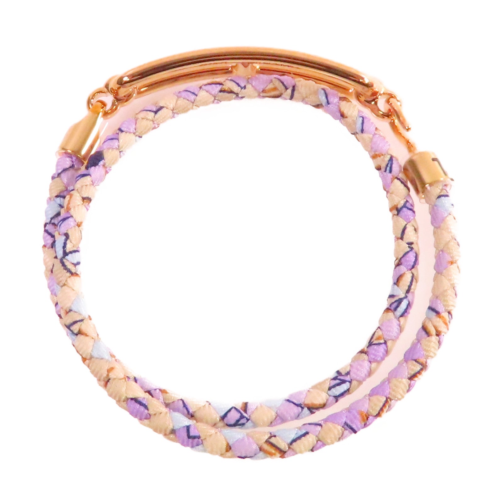 HERMES 印花絲綢/金屬Roulis Double Tour Bracelet金扣手鐲紫色/米色