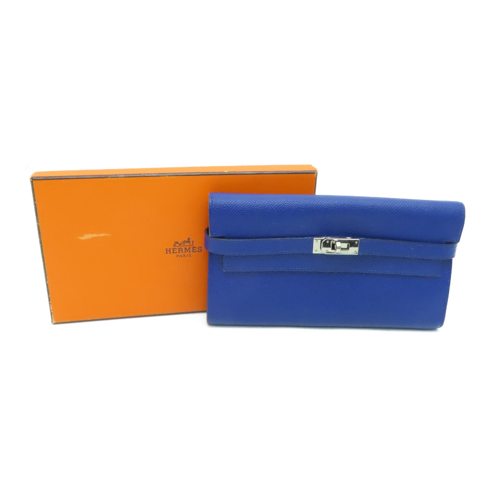 HERMES 【激減優惠】Epsom皮革Kelly Wallet銀扣長銀包藍色Blue Saphir