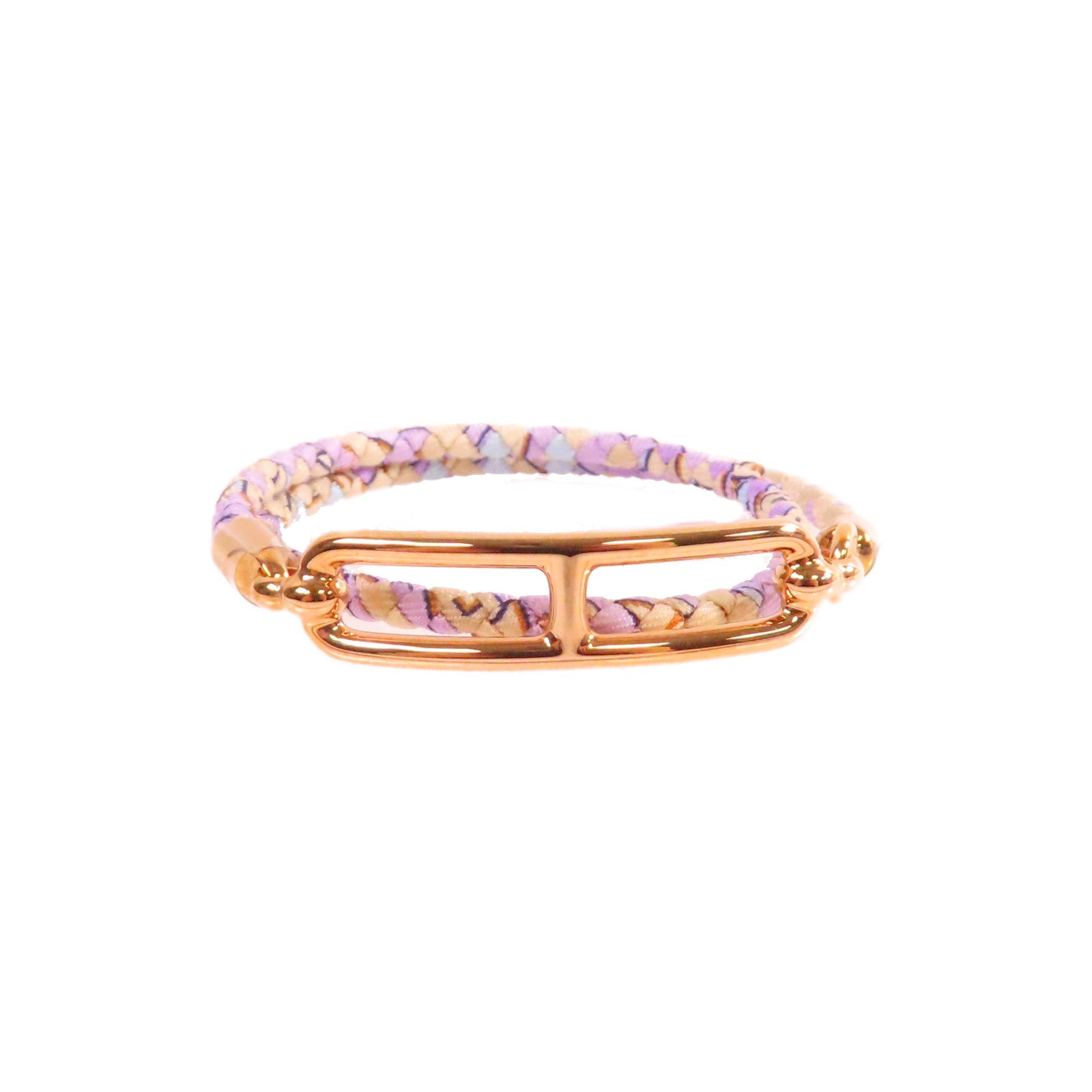 HERMES 印花絲綢/金屬Roulis Double Tour Bracelet金扣手鐲紫色/米色