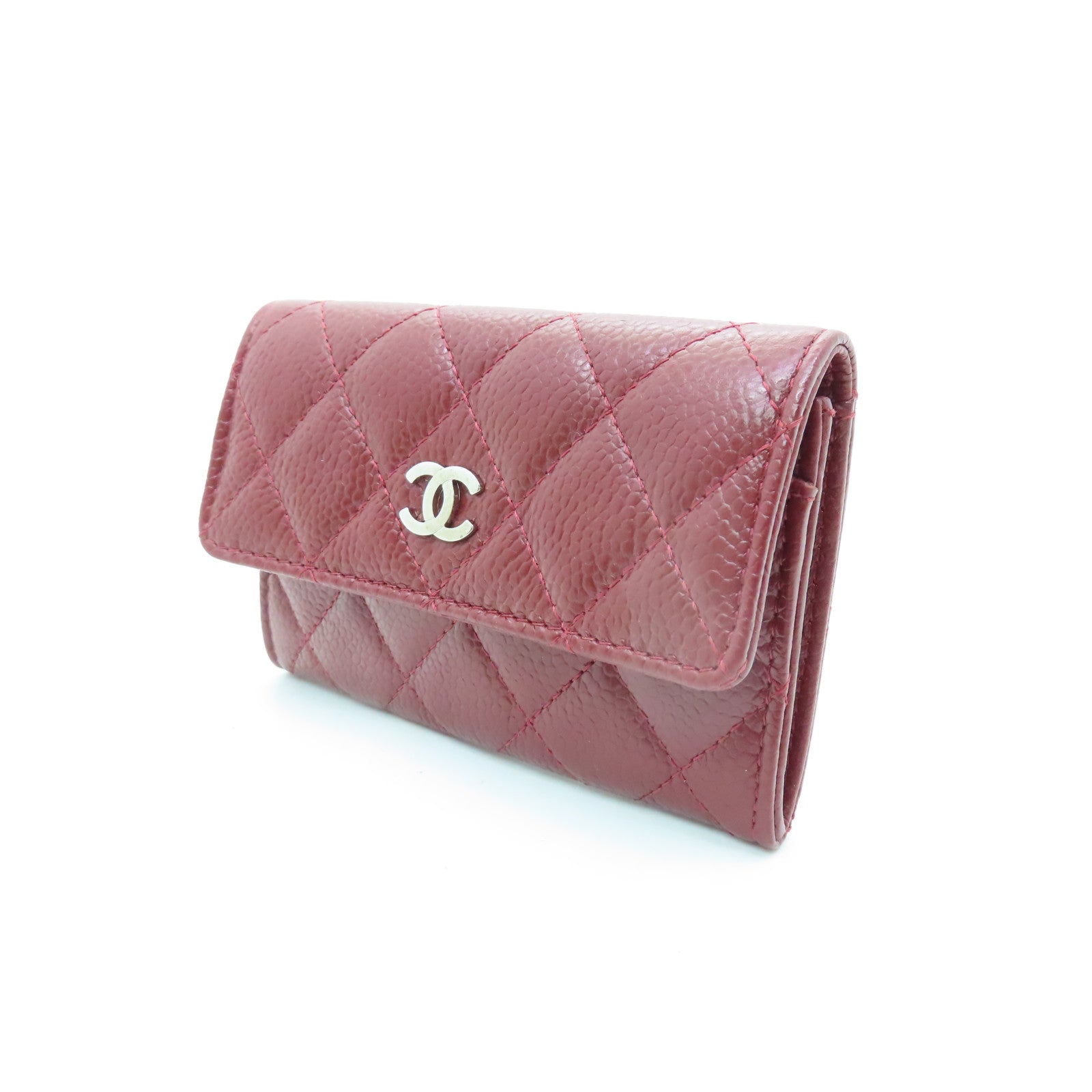 CHANEL 菱格Caviar皮革Card Case銀扣卡片套紅色