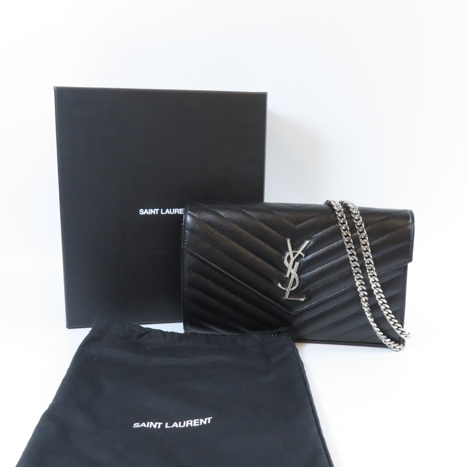 SAINT LAURENT 牛皮皮革Wallet On Chain銀扣鏈帶肩背袋黑色