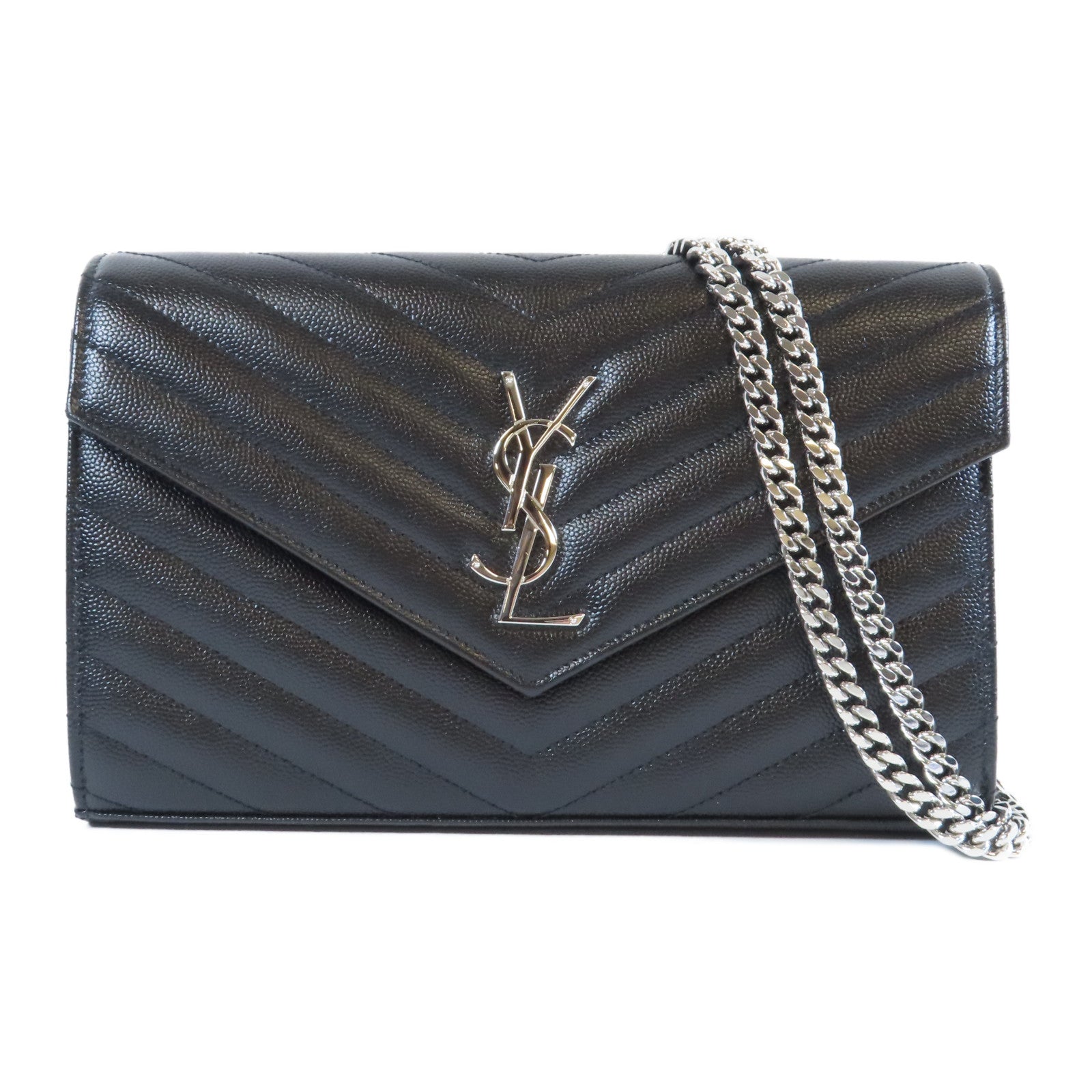 SAINT LAURENT 牛皮皮革Wallet On Chain銀扣鏈帶肩背袋黑色