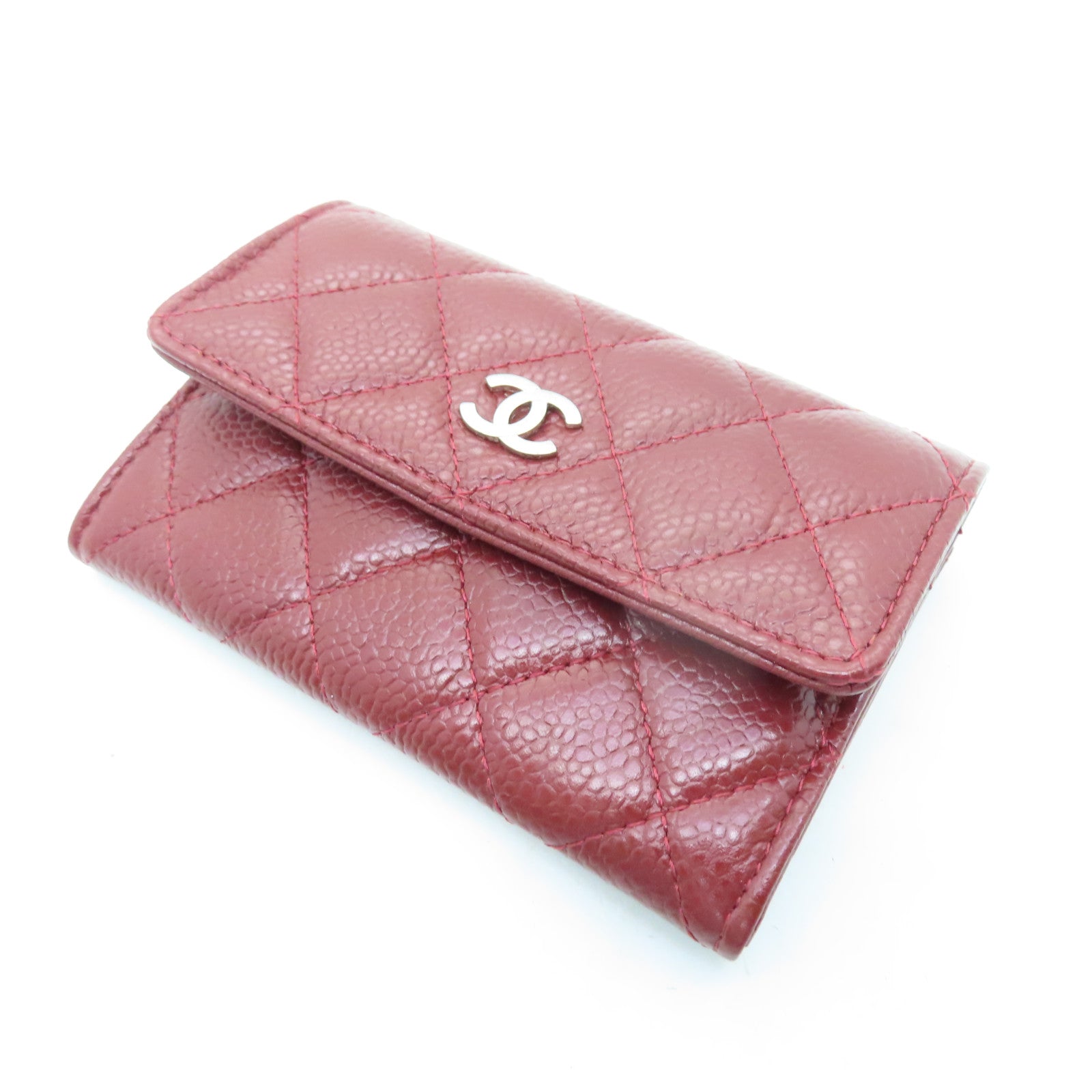 CHANEL 菱格Caviar皮革Card Case銀扣卡片套紅色