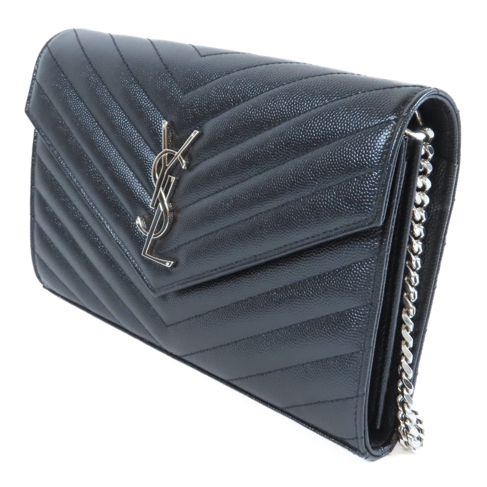 SAINT LAURENT 牛皮皮革Wallet On Chain銀扣鏈帶肩背袋黑色