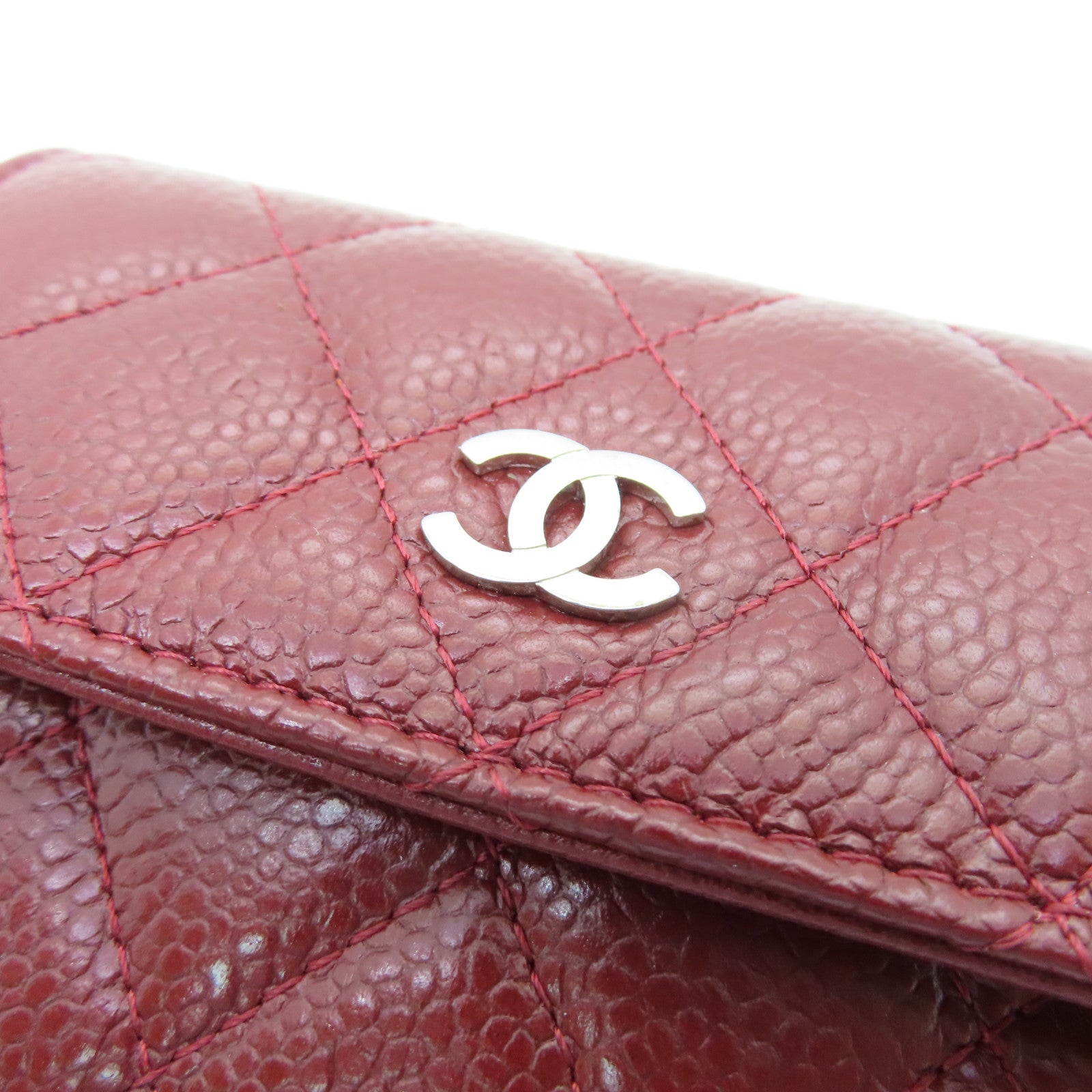 CHANEL 菱格Caviar皮革Card Case銀扣卡片套紅色