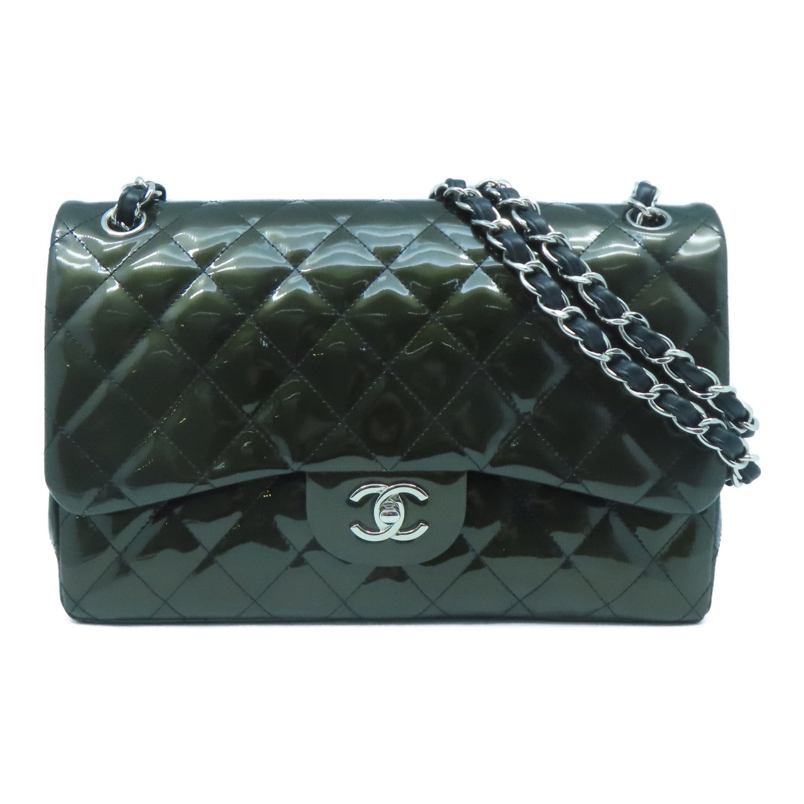 CHANEL 漆皮l皮革Chain Shoulder Bag銀扣鏈帶肩背袋綠色