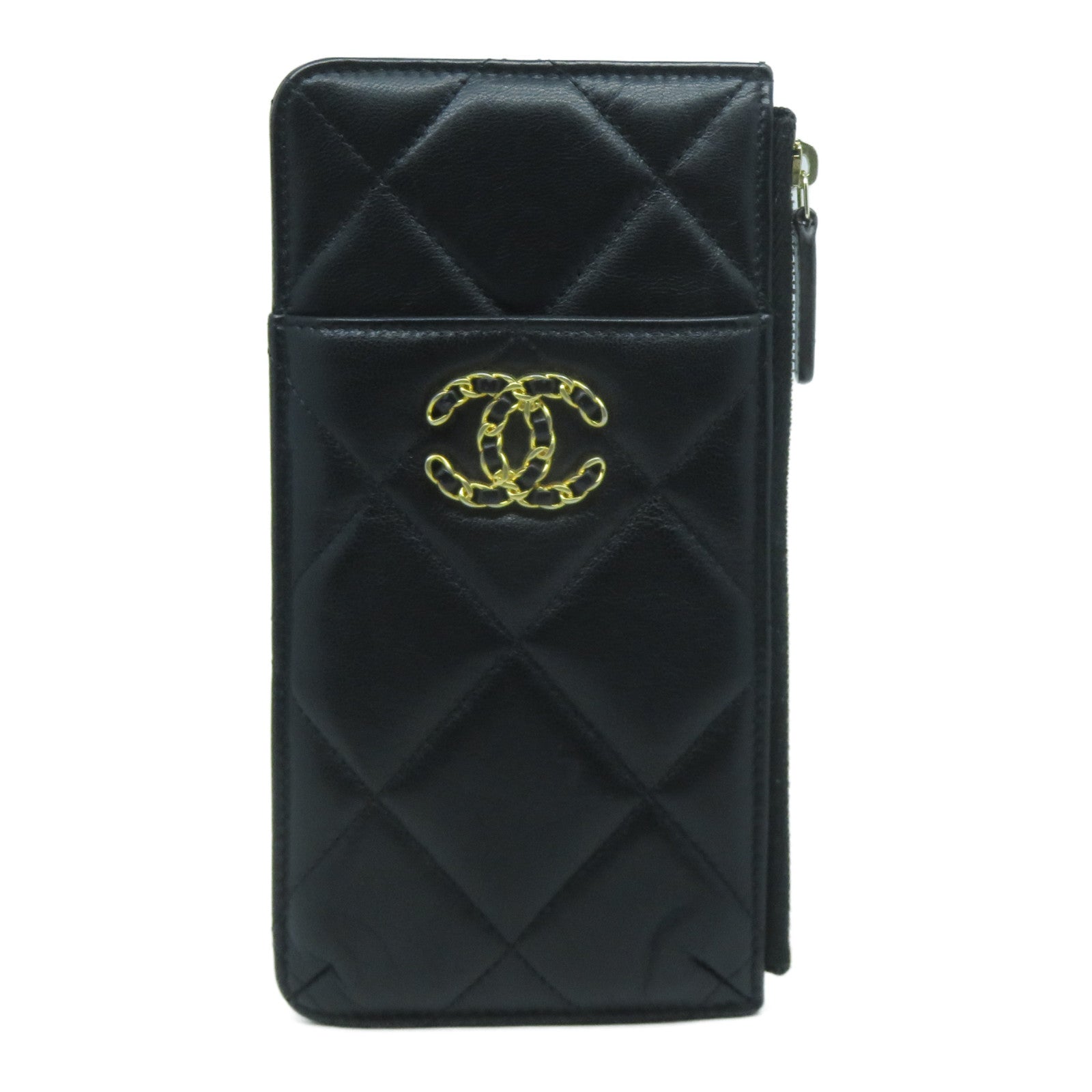 CHANEL 菱格牛皮皮革Pouch金扣手拿包黑色
