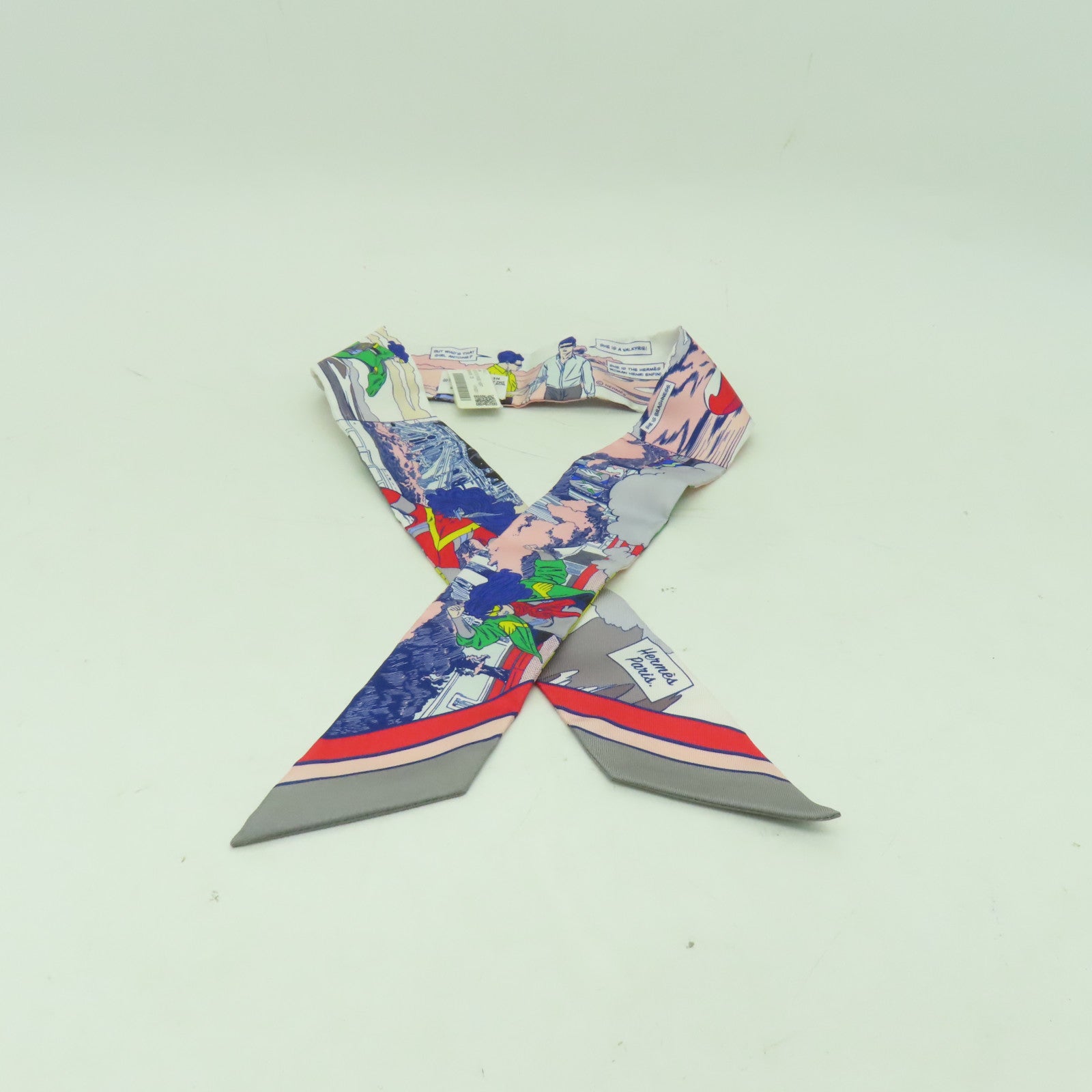HERMES 絲質Twilly絲巾灰色/粉紅色