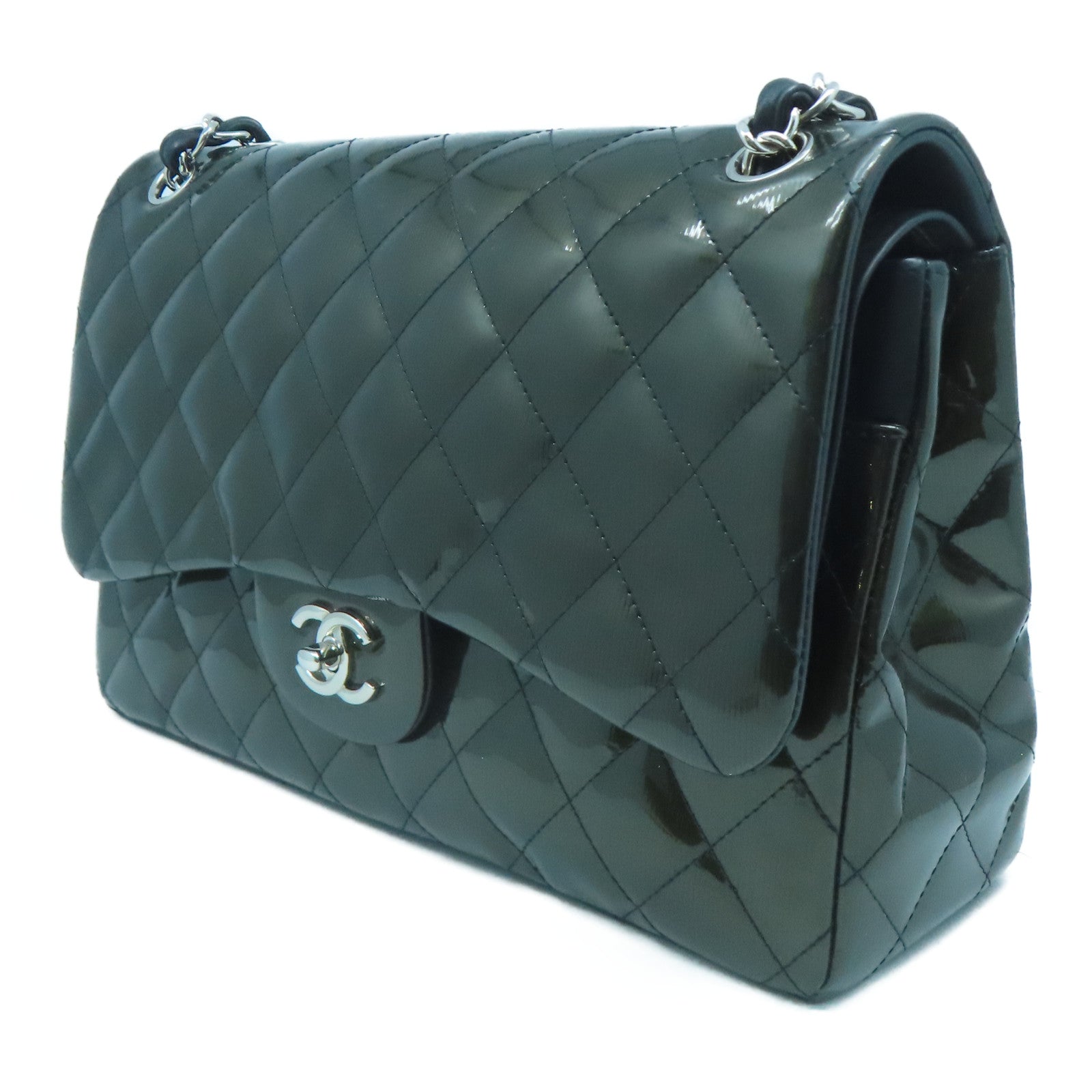 CHANEL 漆皮l皮革Chain Shoulder Bag銀扣鏈帶肩背袋綠色