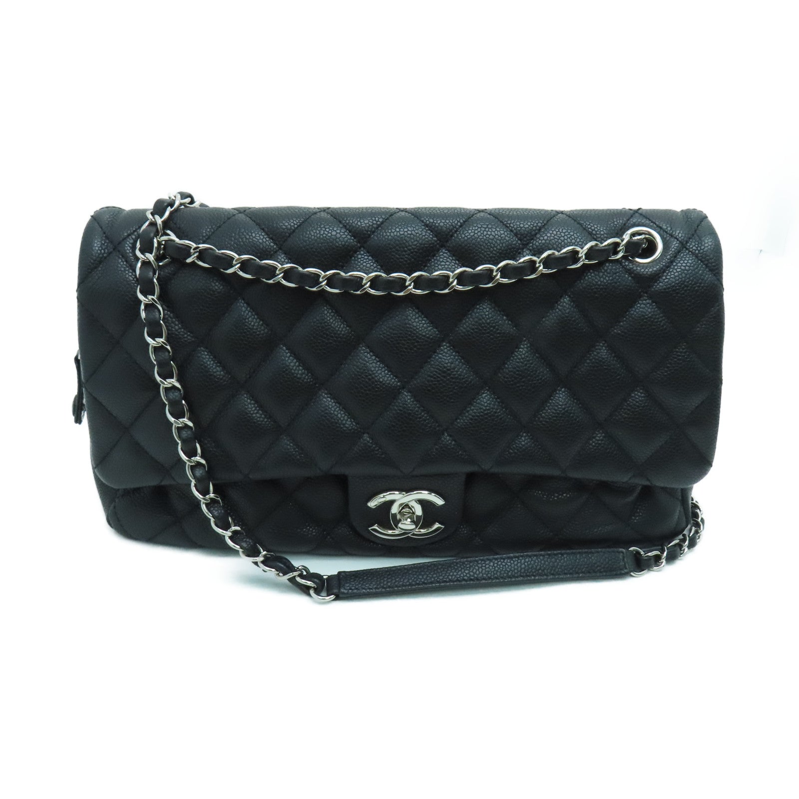 CHANEL 菱格Caviar皮革Chain Shoulder链带肩背袋银扣黑色