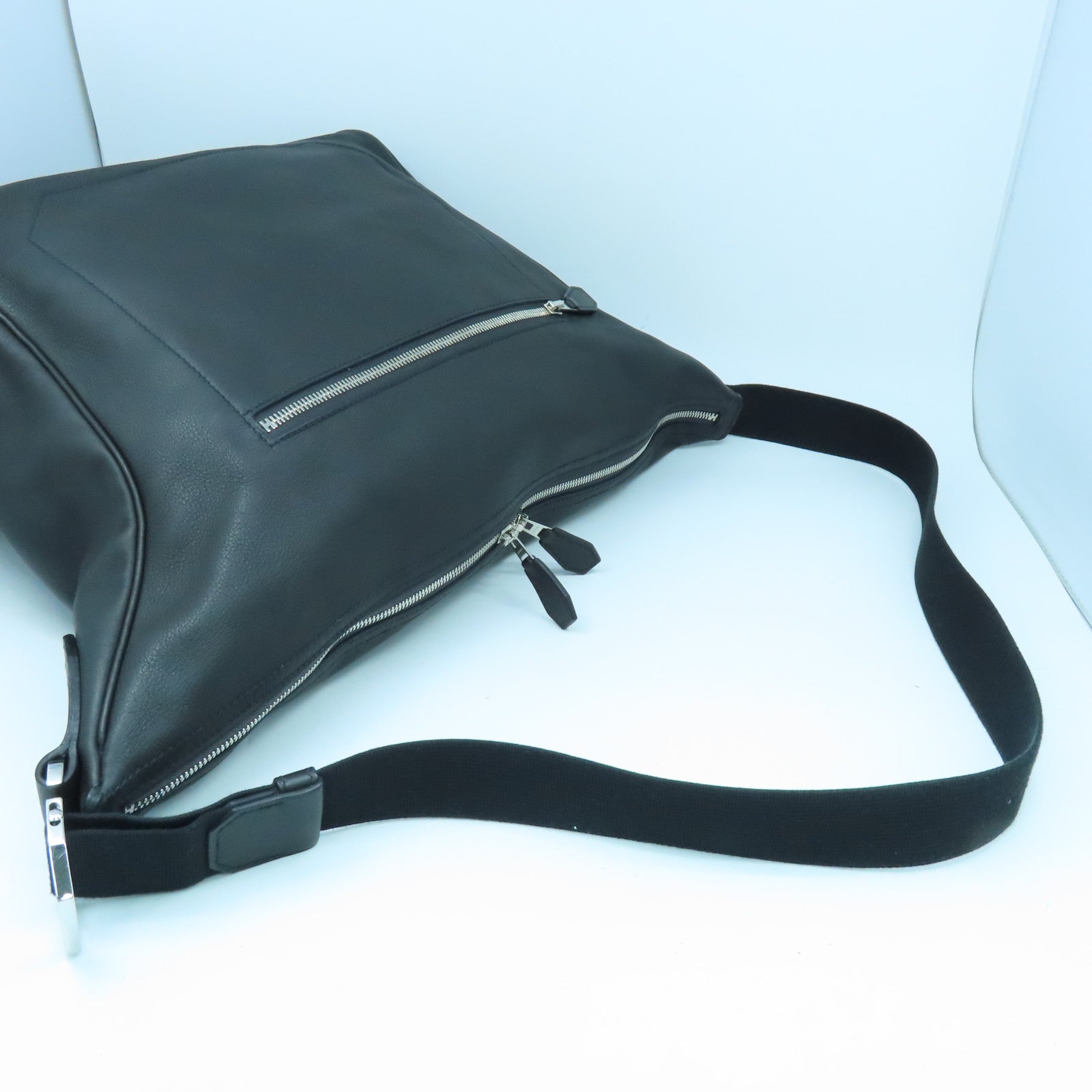 HERMES Leather Cristobal Cityslide Silver Buckle Shoulder Bag Black
