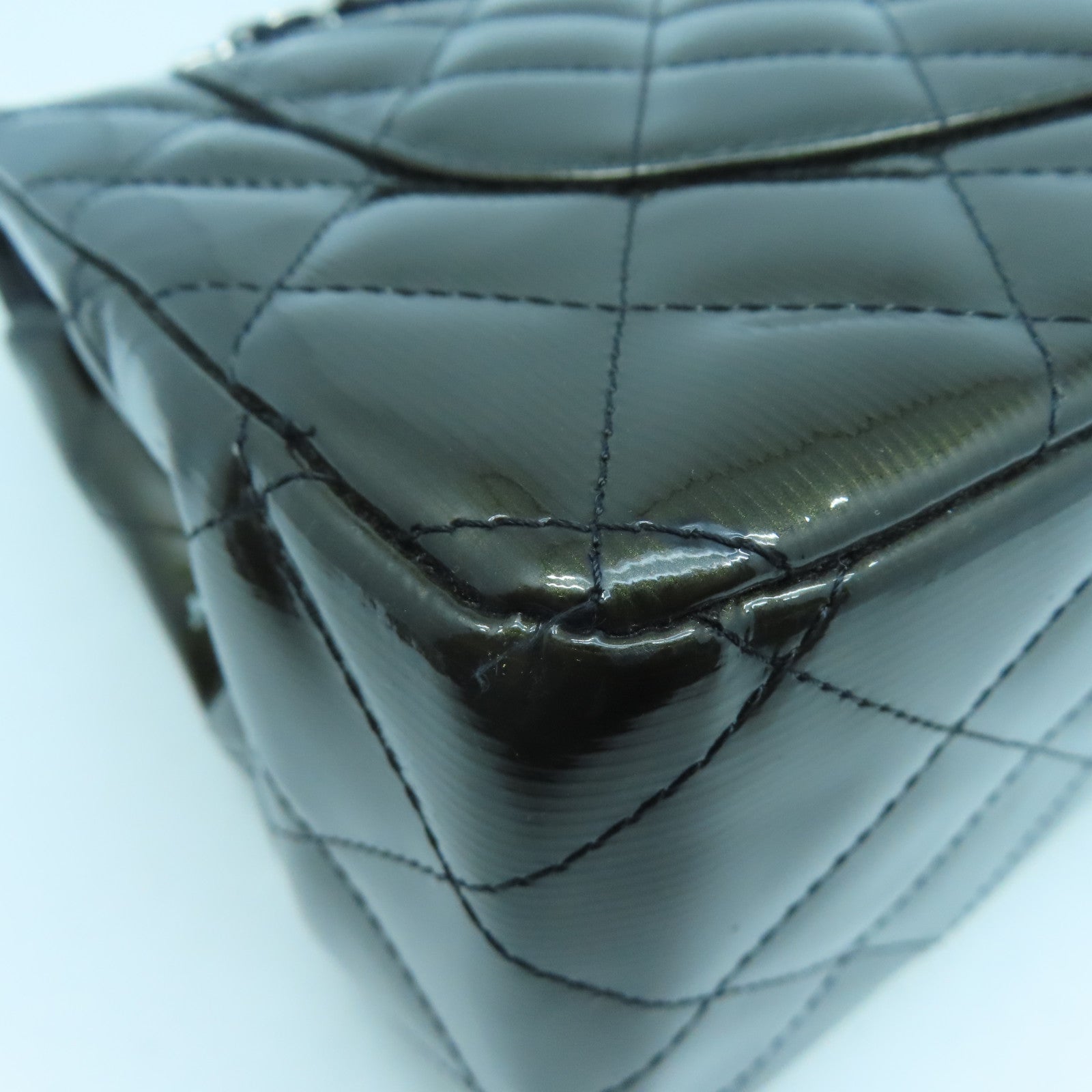 CHANEL 漆皮l皮革Chain Shoulder Bag銀扣鏈帶肩背袋綠色