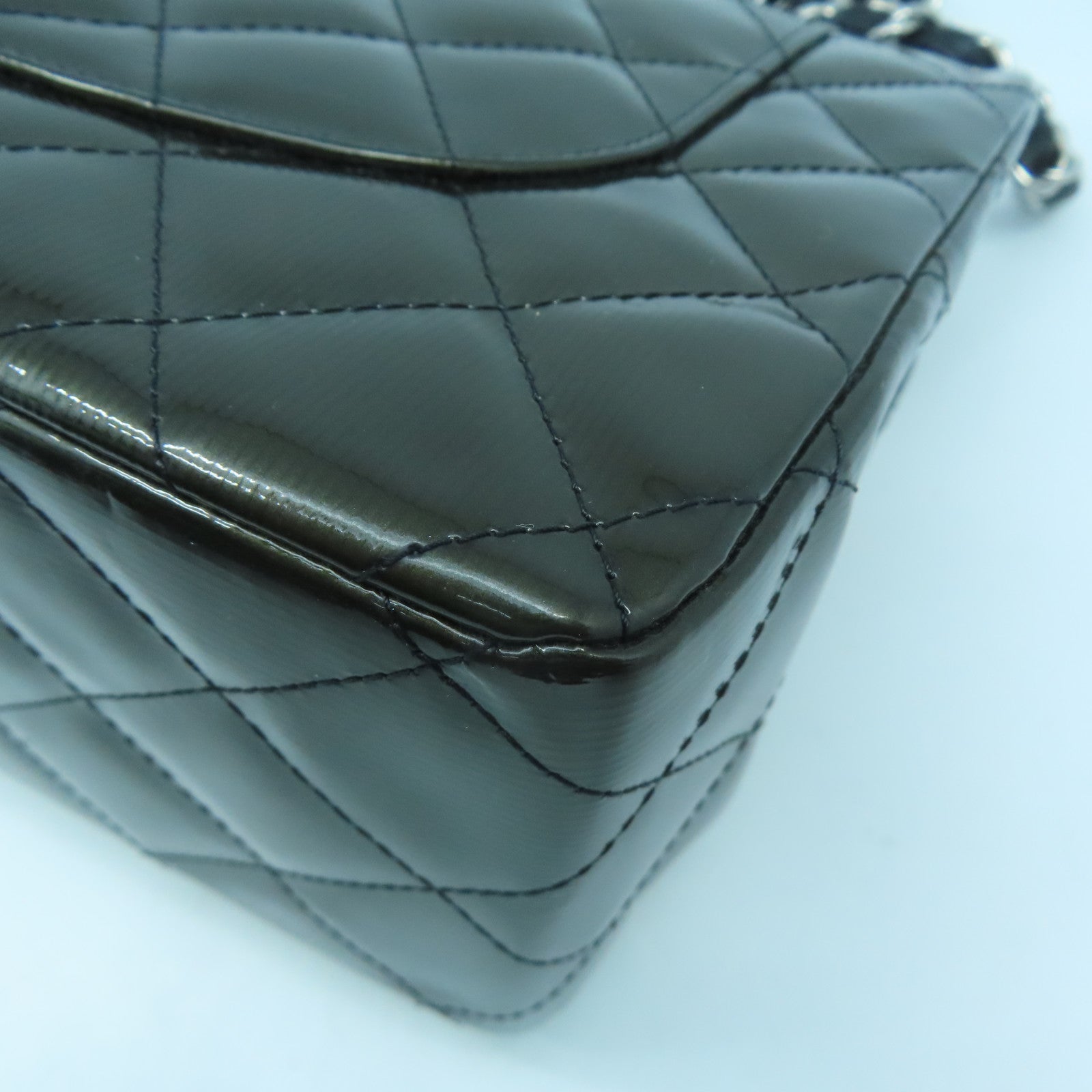CHANEL 漆皮l皮革Chain Shoulder Bag銀扣鏈帶肩背袋綠色