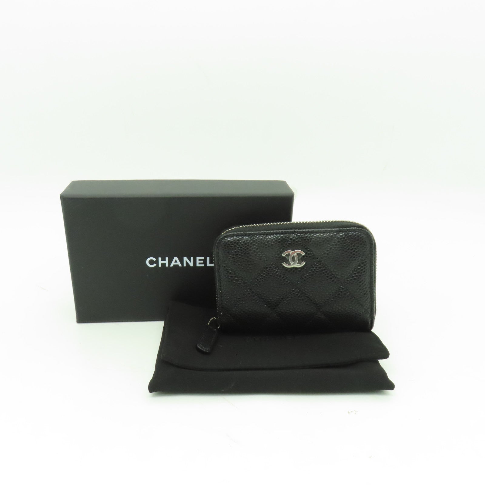 CHANEL 菱格Caviar皮革Coin Case銀扣零錢包黑色