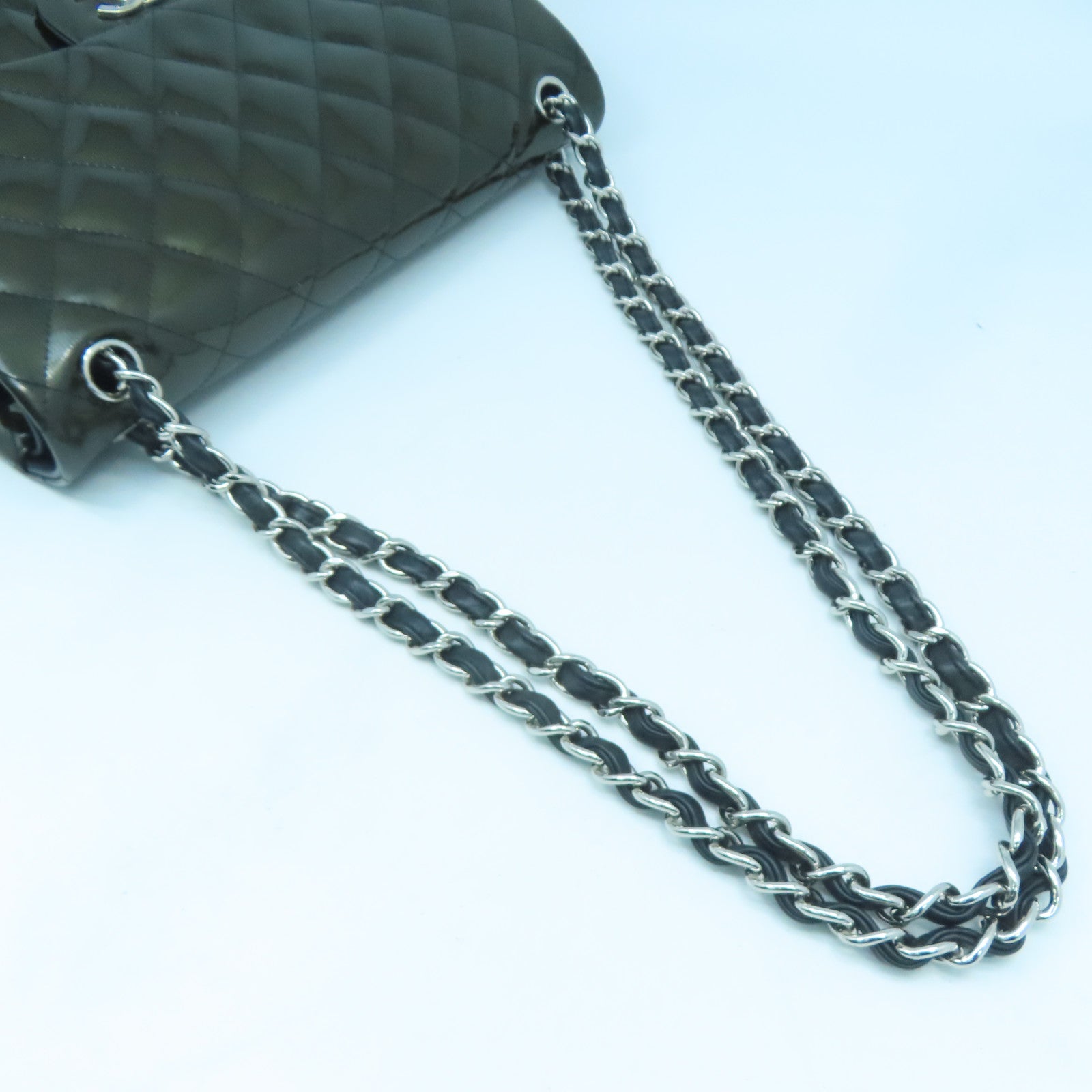 CHANEL 漆皮l皮革Chain Shoulder Bag銀扣鏈帶肩背袋綠色