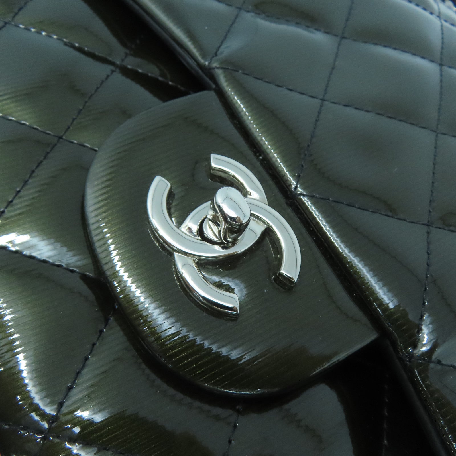 CHANEL 漆皮l皮革Chain Shoulder Bag銀扣鏈帶肩背袋綠色