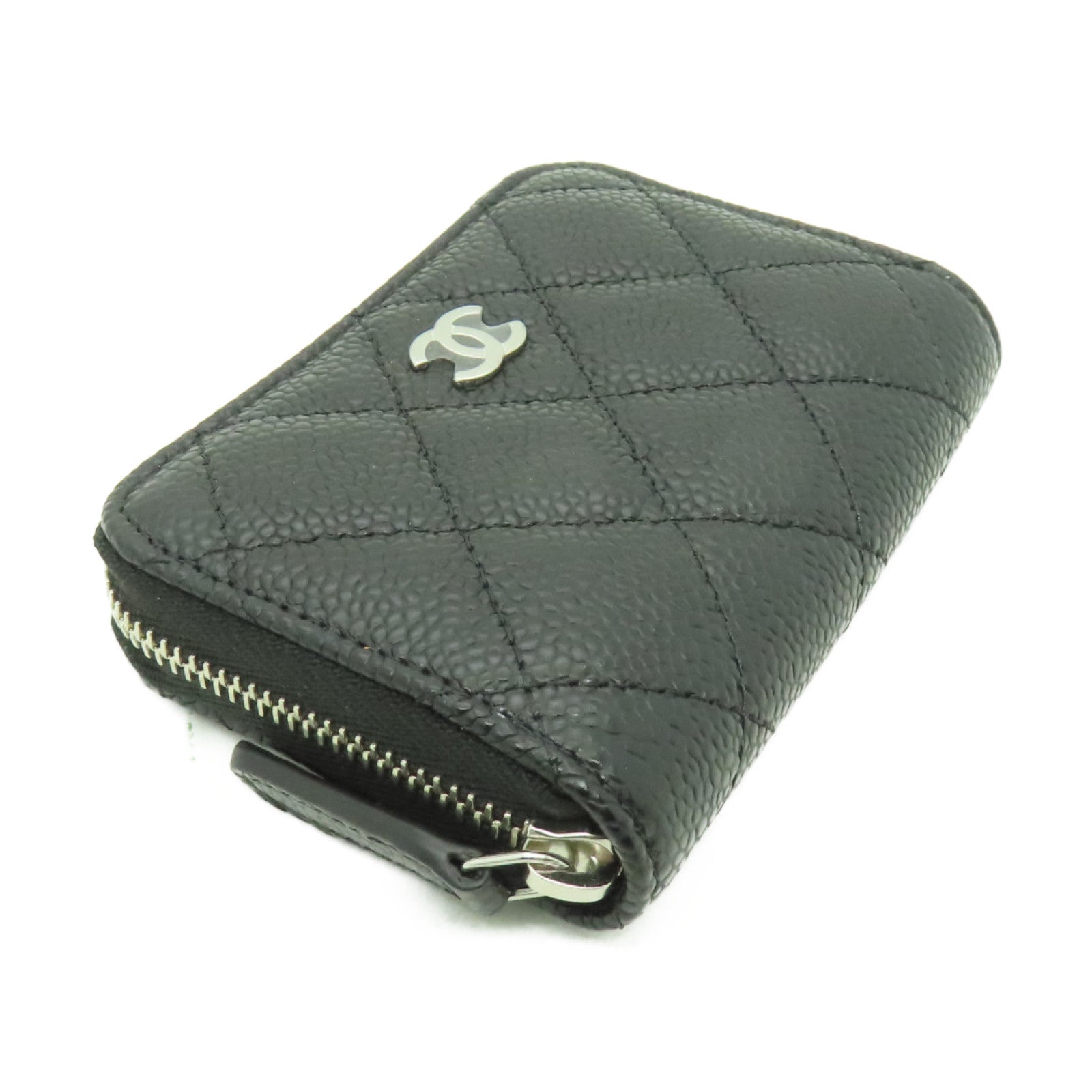 CHANEL 菱格Caviar皮革Coin Case銀扣零錢包黑色