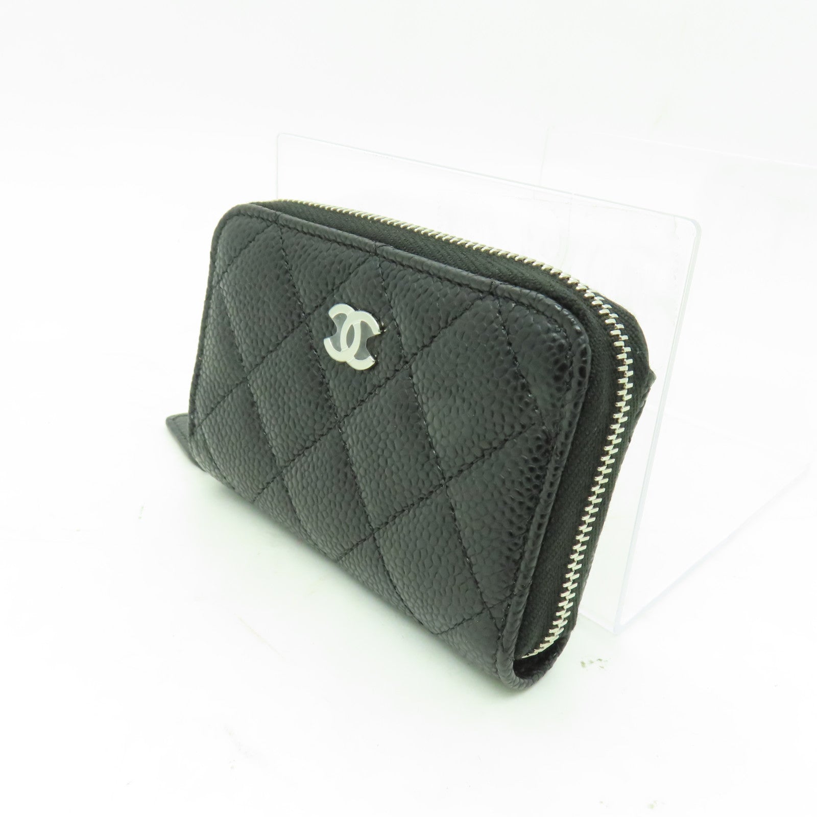 CHANEL 菱格Caviar皮革Coin Case銀扣零錢包黑色