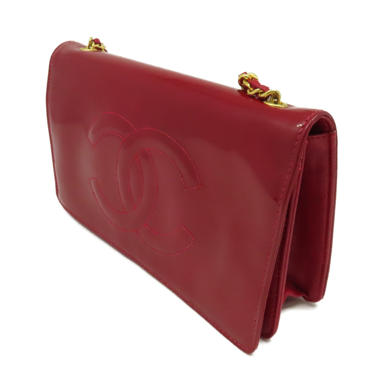 CHANEL 漆皮皮革Vintage Wallet On Chain Shoulder Bag金扣鏈帶肩背袋紅色