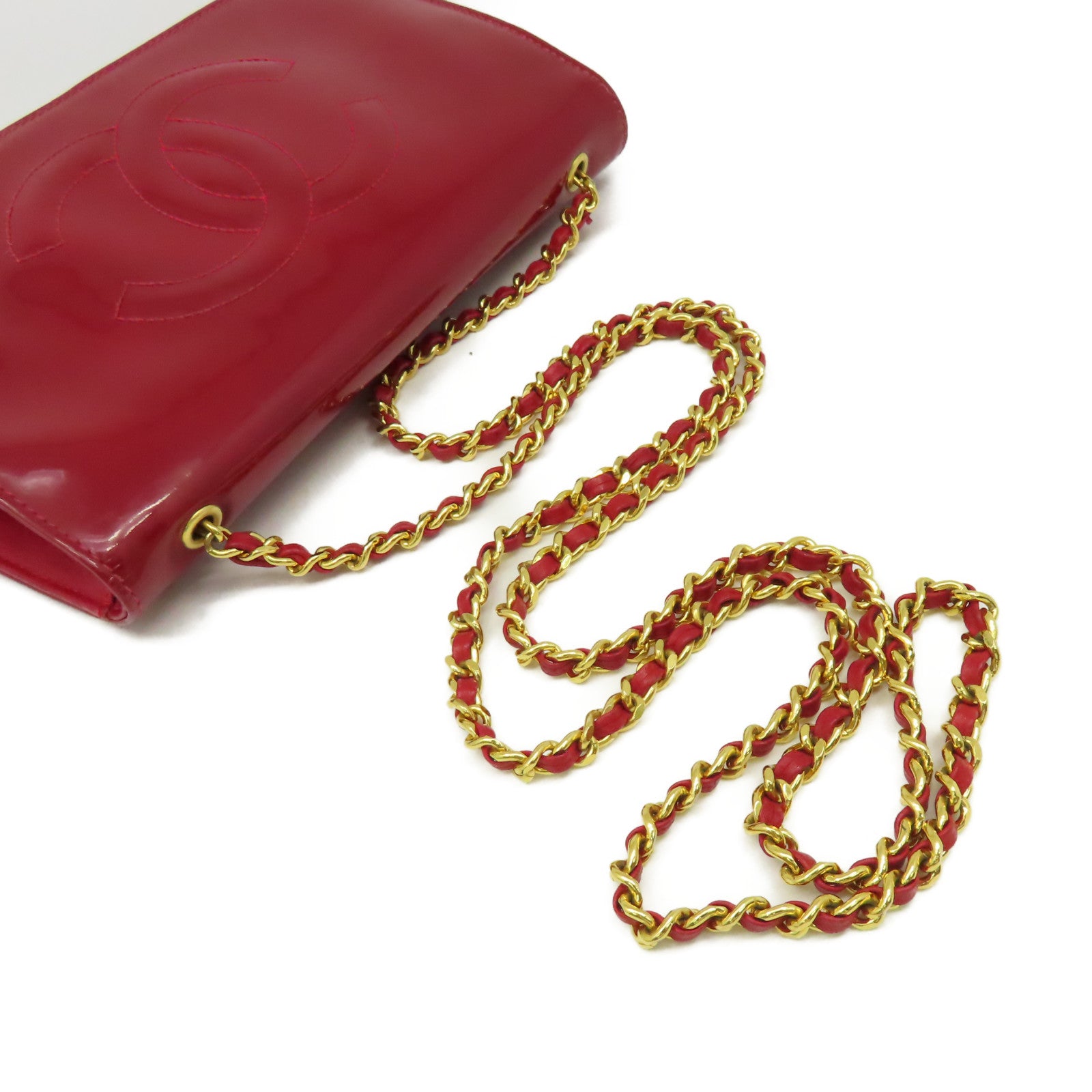 CHANEL 漆皮皮革Vintage Wallet On Chain Shoulder Bag金扣鏈帶肩背袋紅色