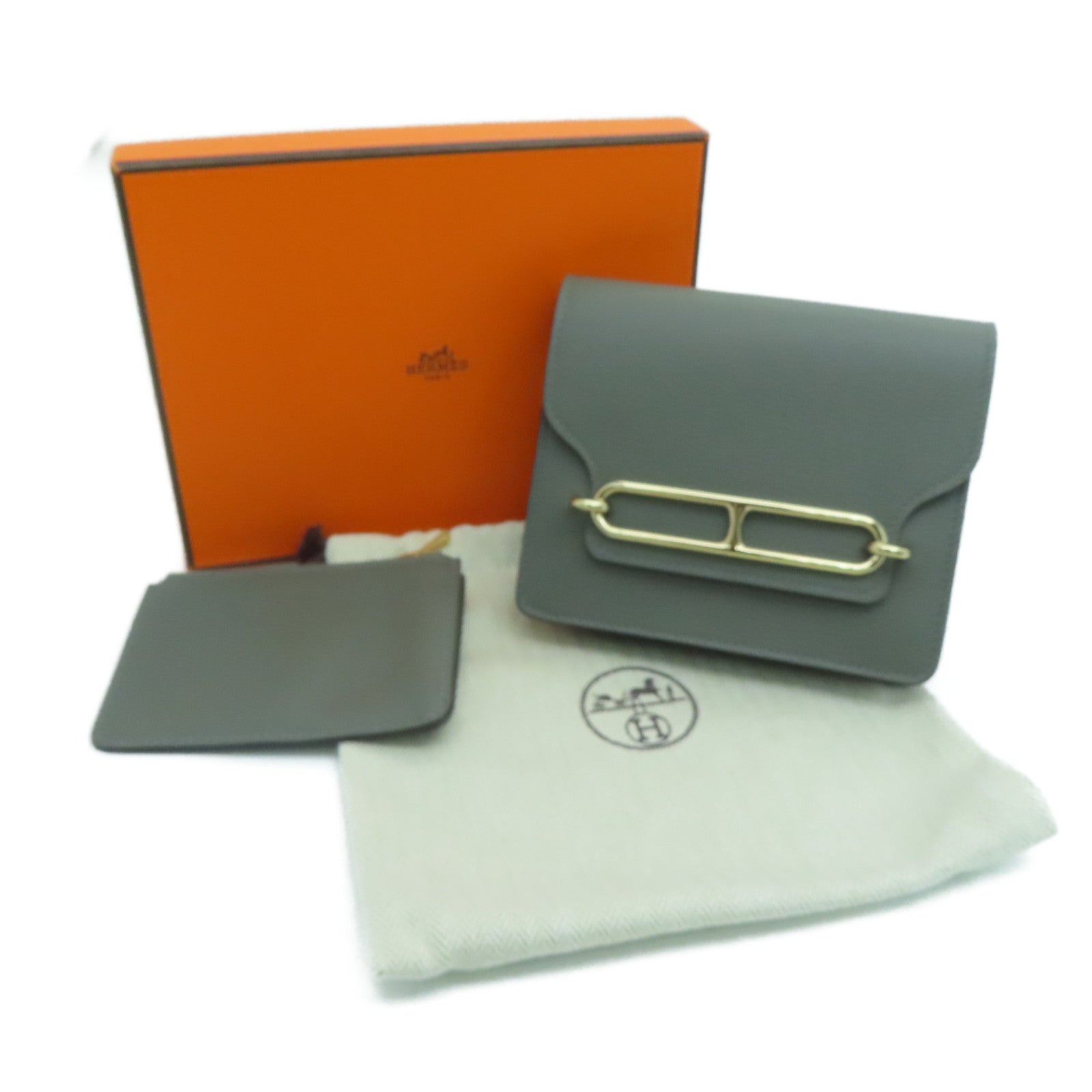 HERMES Evercolor皮革Roulis Slim金扣钱包Gris Meyer/灰色