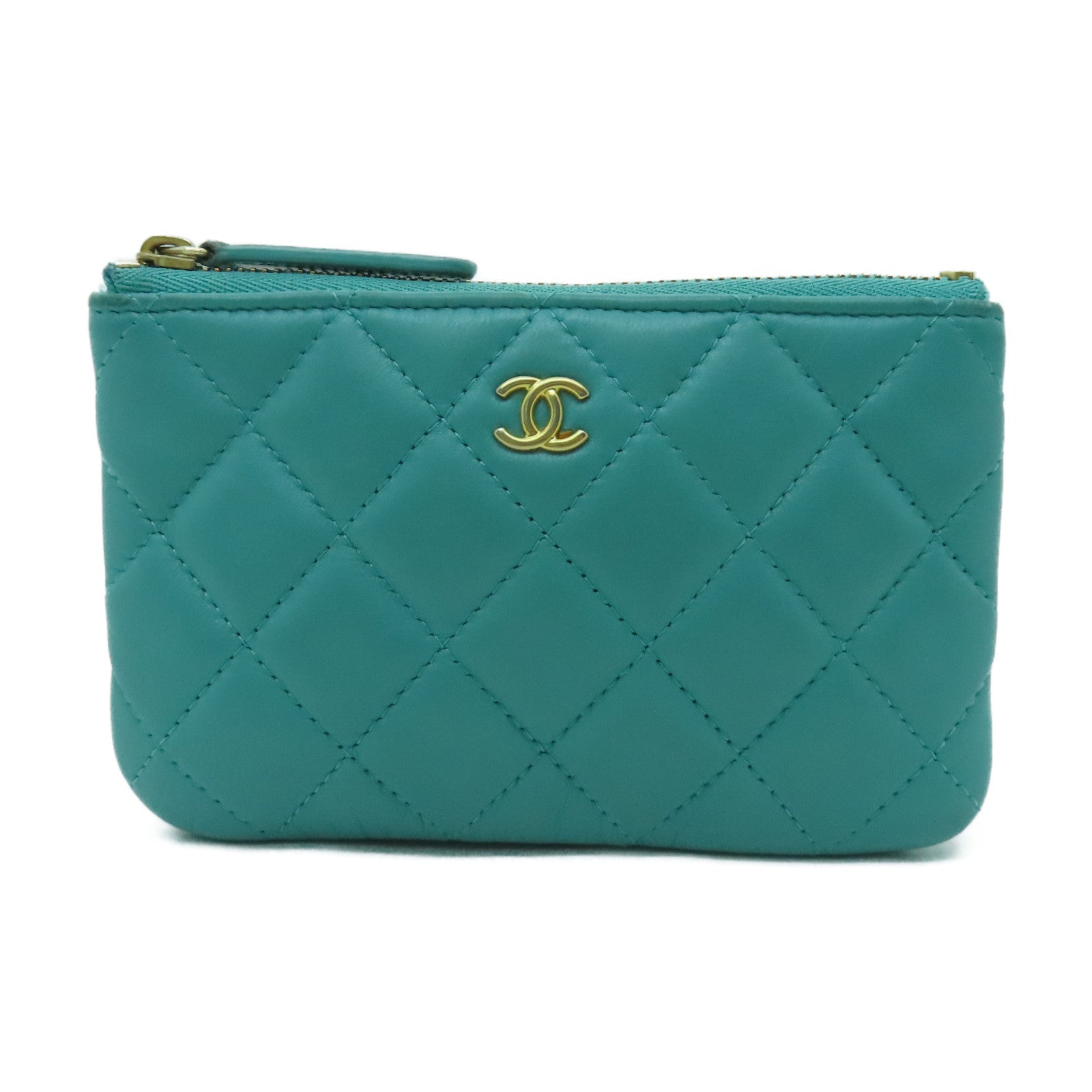 CHANEL 【激減優惠】菱格羊皮皮革Card Case金扣卡片套綠色