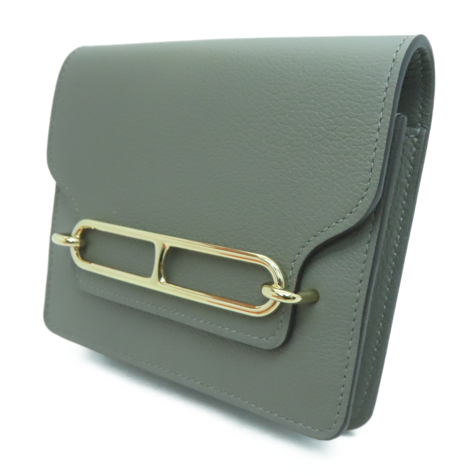 HERMES Evercolor皮革Roulis Slim金扣钱包Gris Meyer/灰色