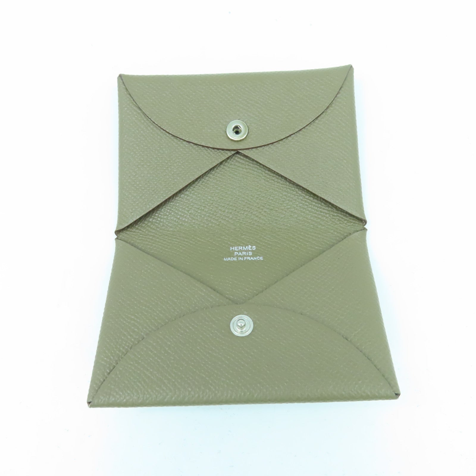 HERMES Veau Epsom皮革Calvi銀扣卡片套Etoupe大象灰色