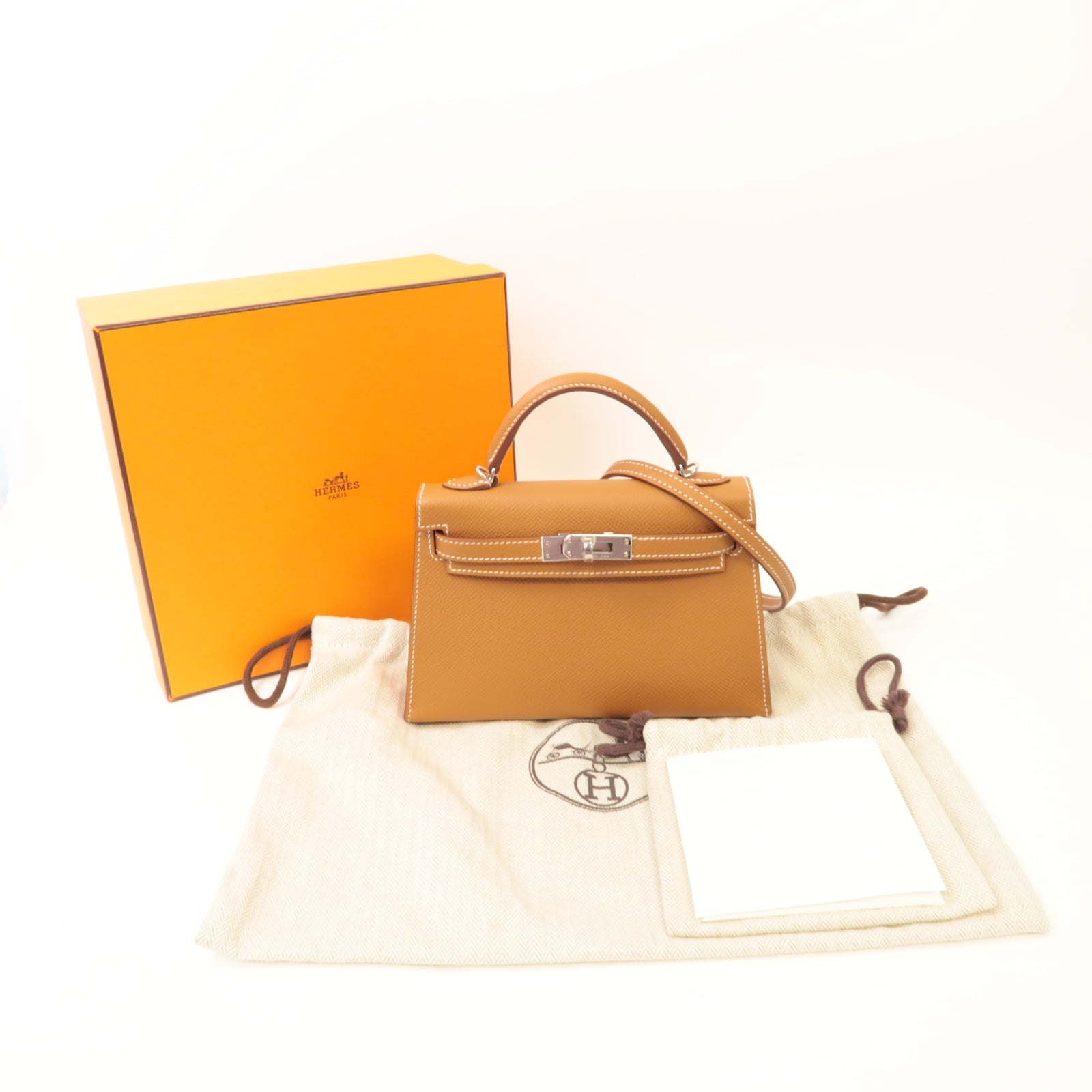HERMES Epsom皮革Mini Kelly銀扣手挽肩背兩用袋啡色