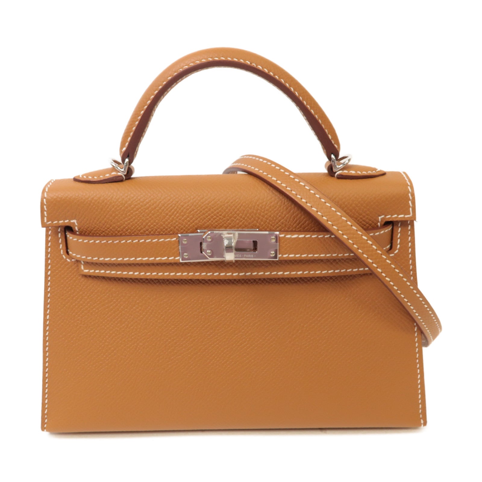 HERMES Epsom皮革Mini Kelly銀扣手挽肩背兩用袋啡色