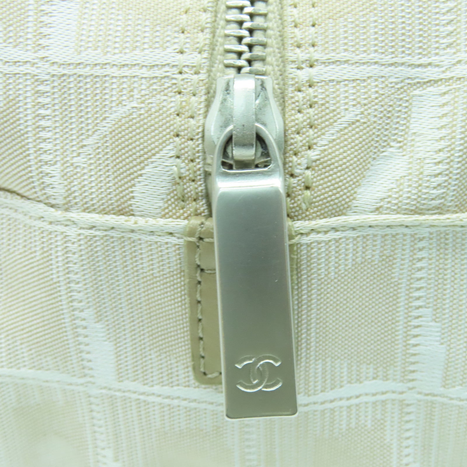 CHANEL Nylon New Travel Line Silver Buckle Shoulder Bag Beige
