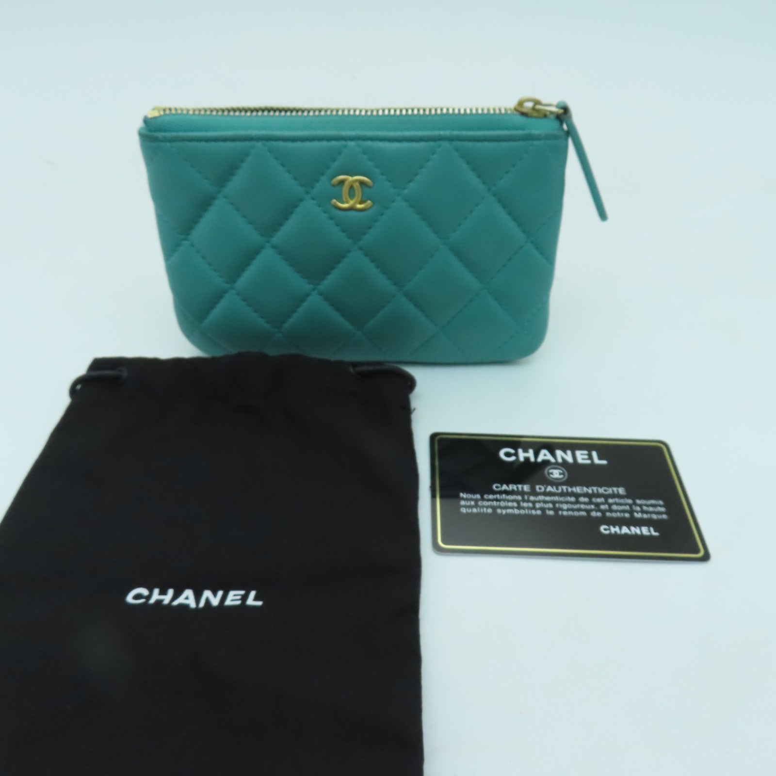 CHANEL 【激減優惠】菱格羊皮皮革Card Case金扣卡片套綠色