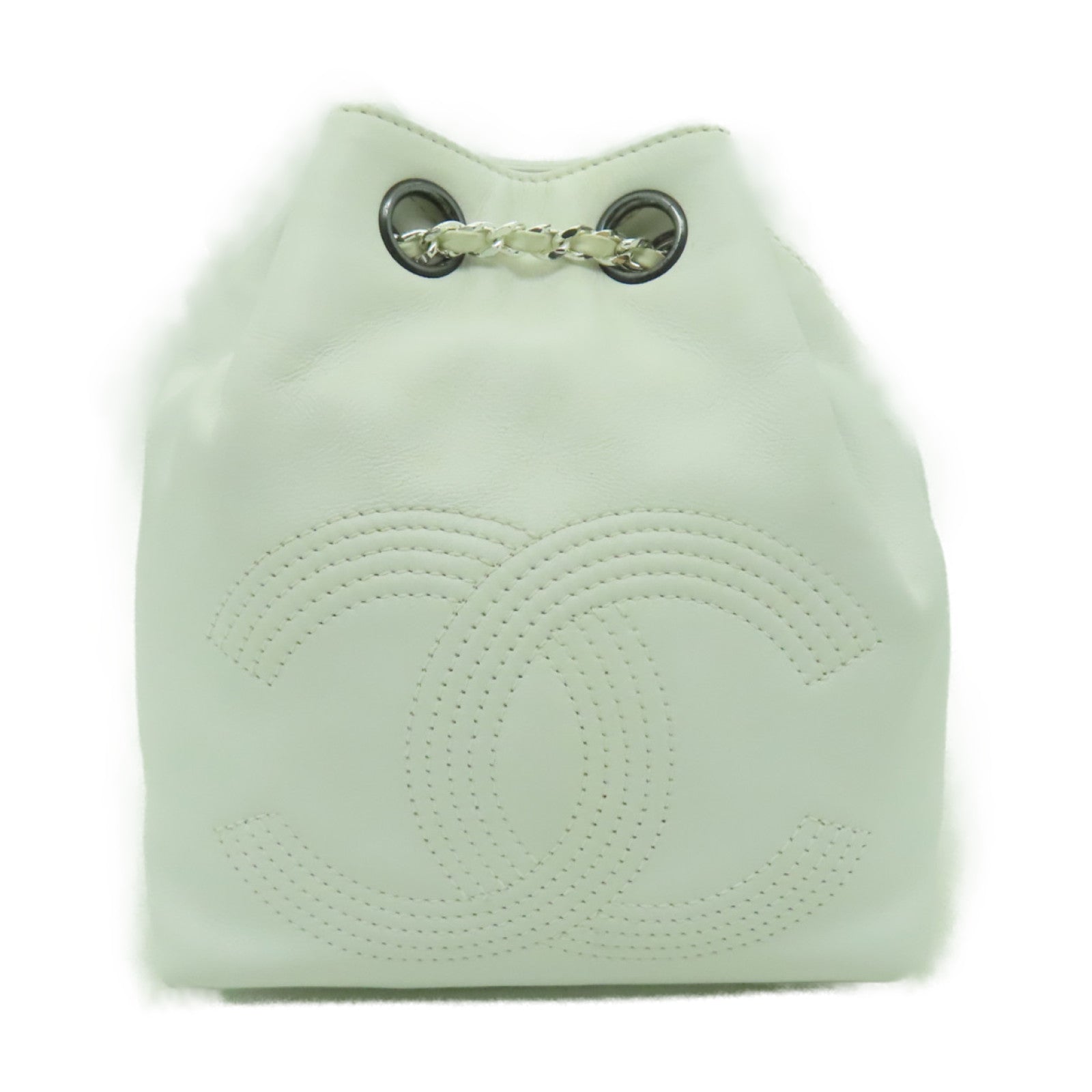 CHANEL 羊皮皮革Vintage Mini Bucket Backpack銀扣背包白色