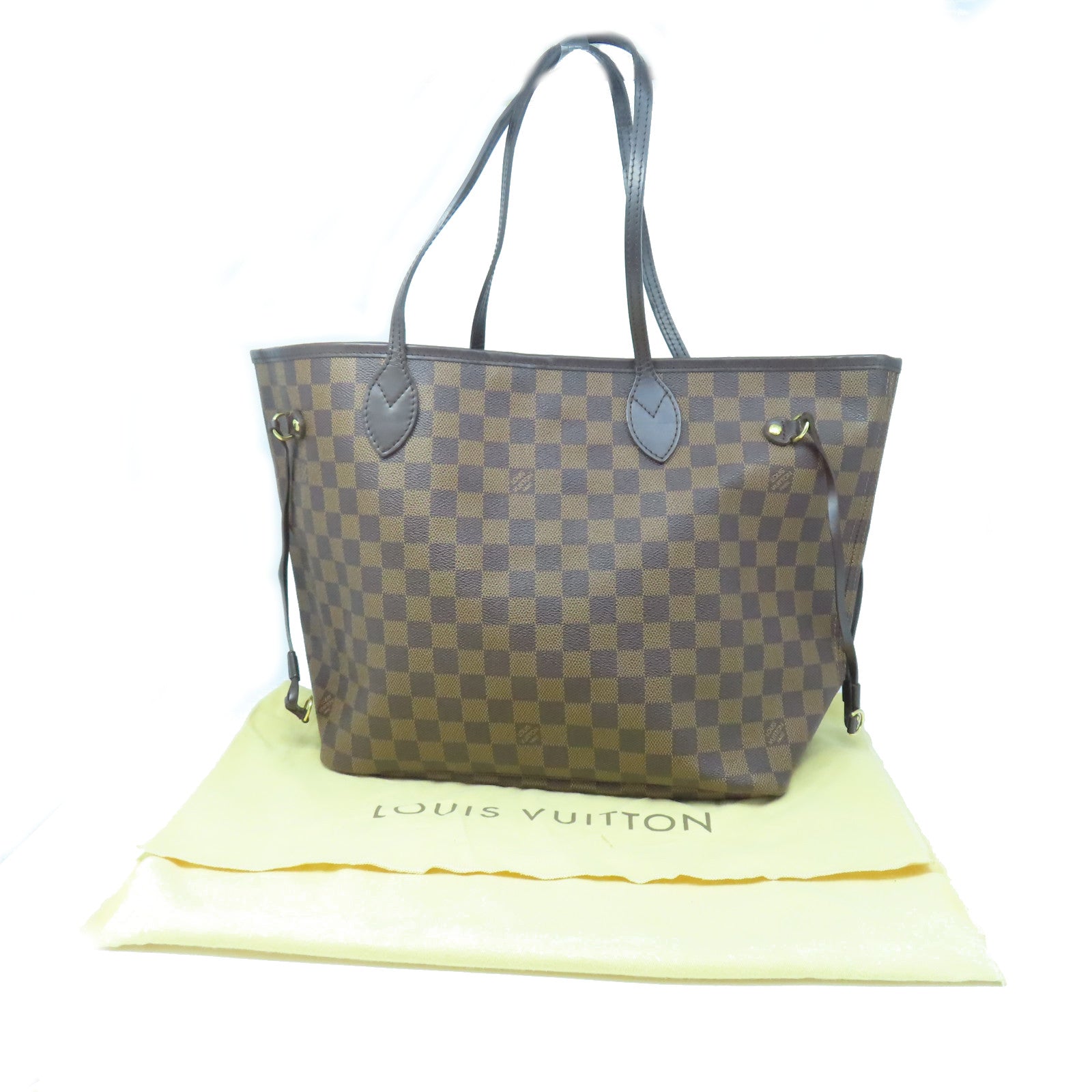 LOUIS VUITTON Damier Neverfull MM gold buckle handle bag brown