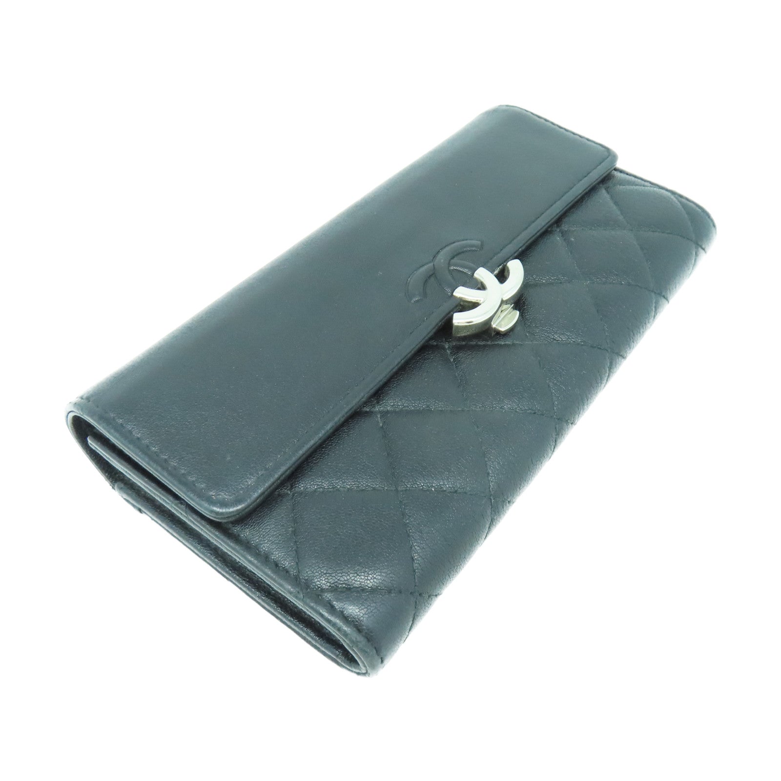 CHANEL 菱格牛皮皮革Wallet銀扣長錢包黑色