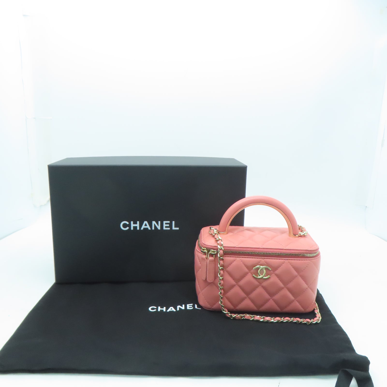 CHANEL 【激減優惠】菱格羊皮皮革Handle Vanity Case金扣手挽肩背兩用袋粉紅色