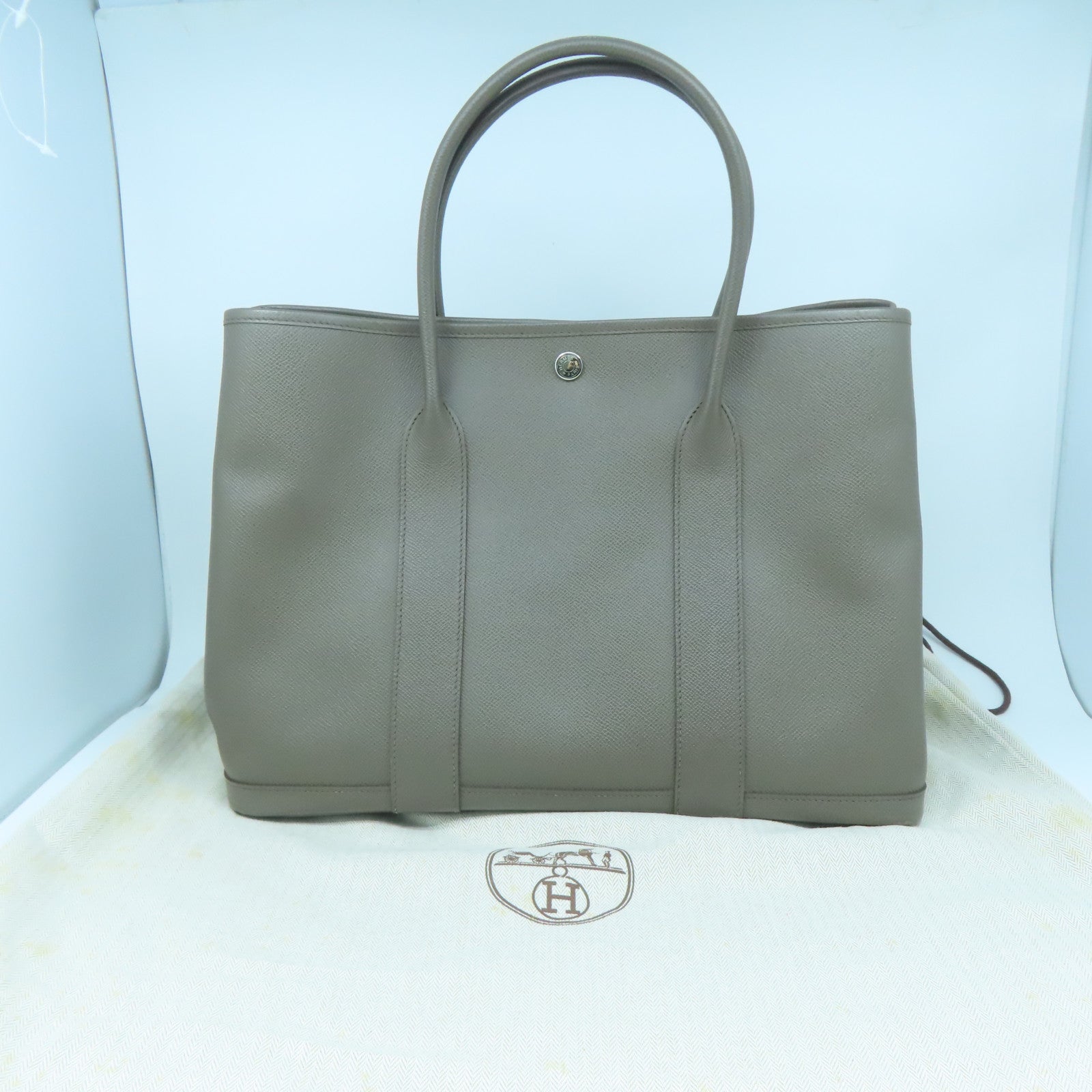 HERMES Epsom皮革Garden Party PM銀扣手挽袋Etoupe大象灰色